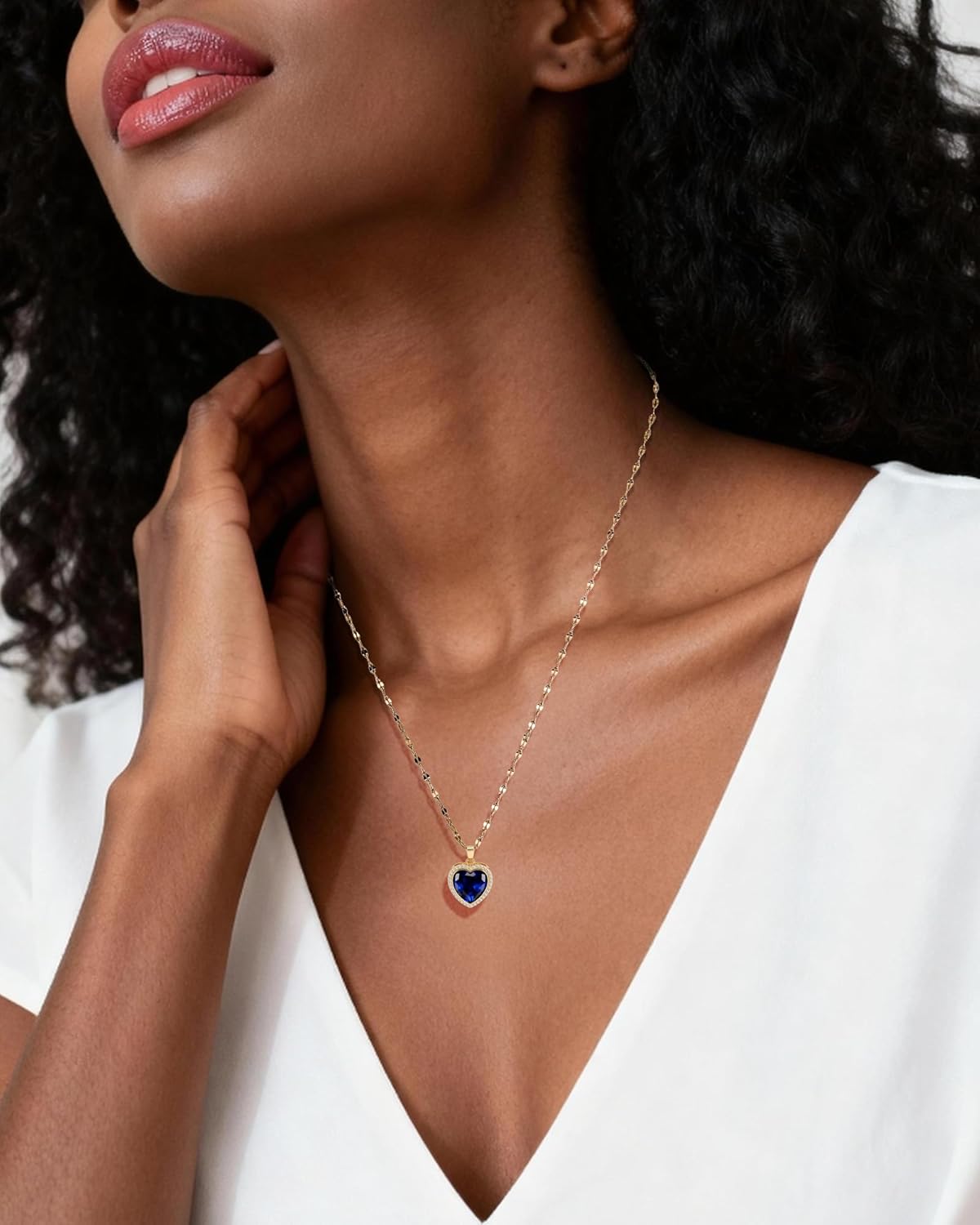 Sapphire Heart Necklace for Women 14K Gold Plated Rhinestone Love Heart Pendant Necklaces Dainty Navy Blue Birthstone Jewelry Gift - Image 4