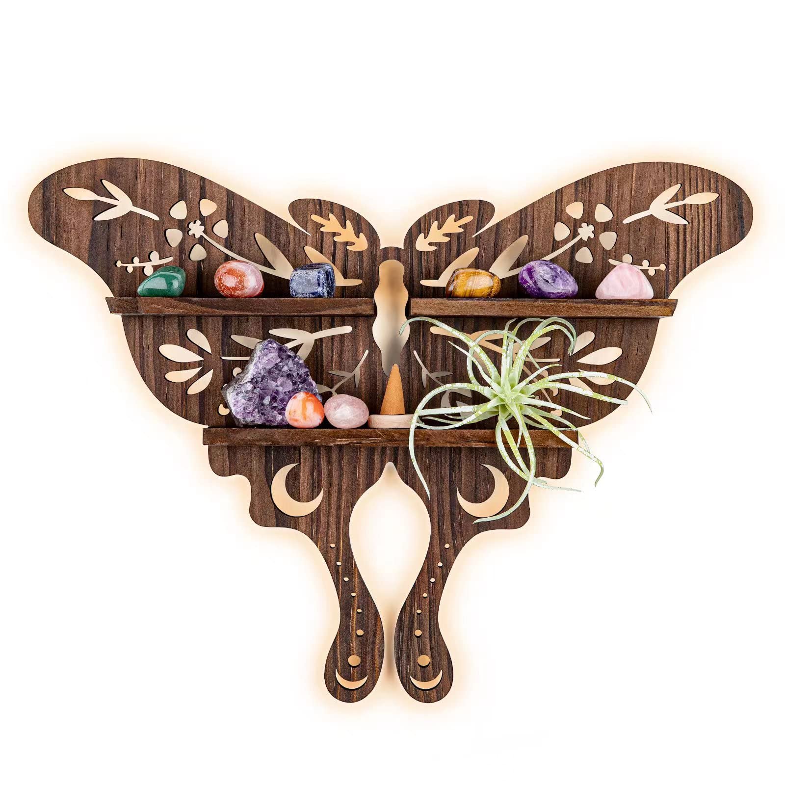 ANROYE Luna Moth Crystal Shelf Display, Boho Pine Wood Wall Floating Shelves with Light for Gem Stone Essential Oil Storage, Bohemian Wooden Butterfly Hanging Witch Rustic Decor Holder