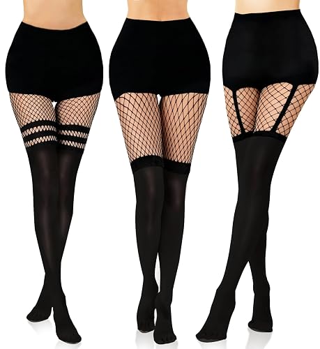 Pinboov 3 Paar Netzstrumpfhose Schwarz mit Hohem Bund | Fishnet Strumpfhosen Damen,Elastische Gitter-Strümpfe für Party, Alltag & Styling - Schwarze Netzstrumpfhose
