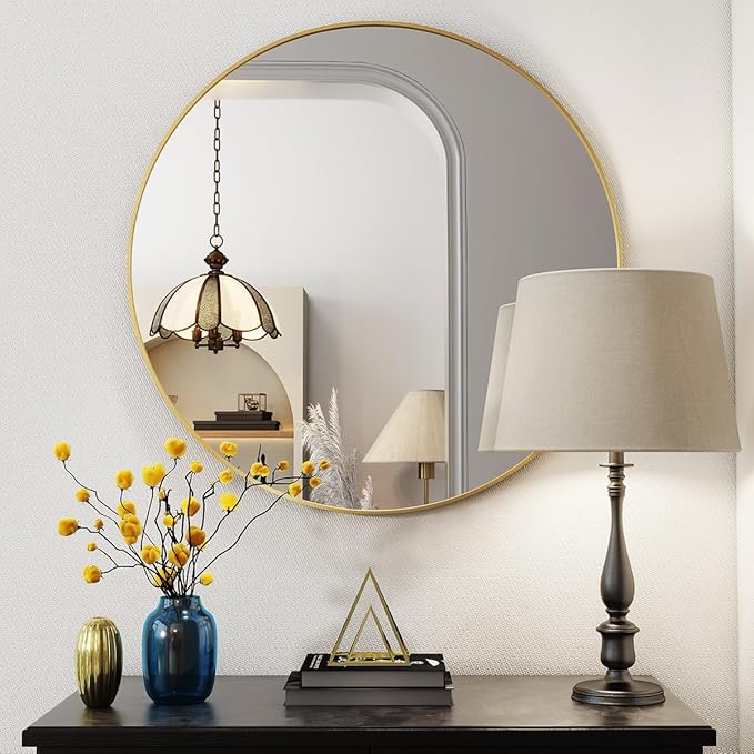 BEAUTYPEAK 24 Inch Round Mirror, Gold Metal Frame Circle Mirror, Wall Mirror for Entryway, Bathroom, Vanity, Living Room, Gold Circle Mirror