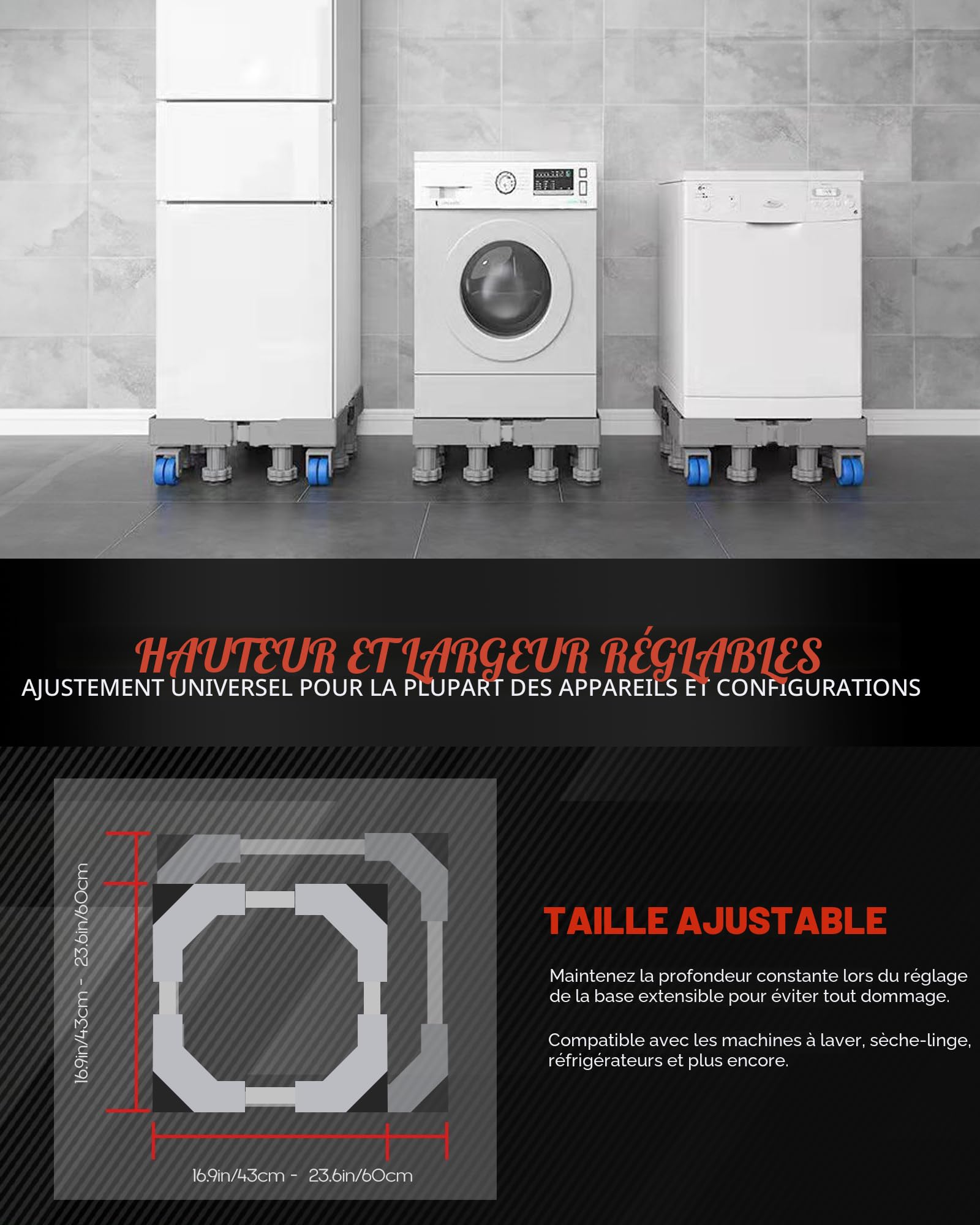 Support Machine à Laver Réglable 43-61cm, Pieds Antivibration pour Réfrigérateur, Rehausseur Universel avec Kit de Superposition Lave-Linge Sèche-Linge