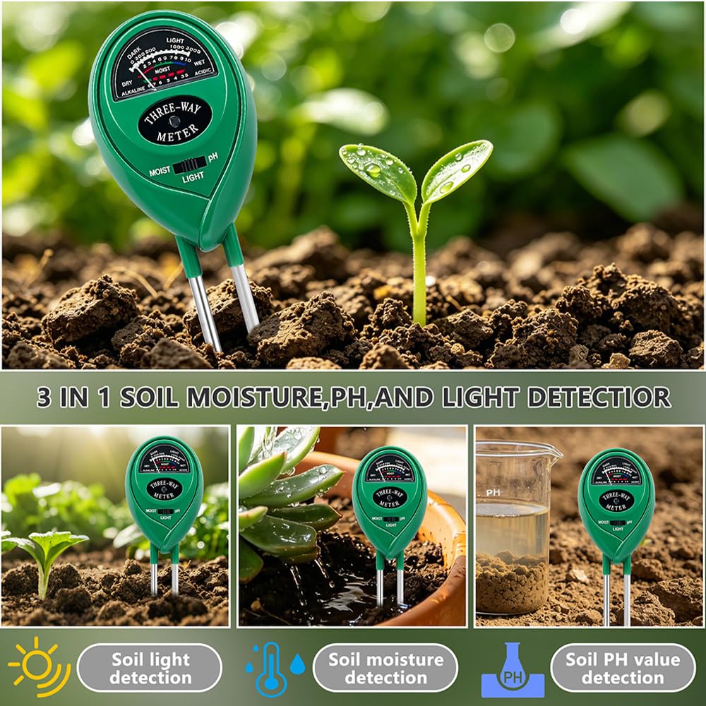 Probador de suelo, medidor de pH del suelo, medidor de prueba de suelo 3 en 1 para humedad, medidor de humedad del suelo para plantas, valor de pH y horas de luz solar, no requiere pilas