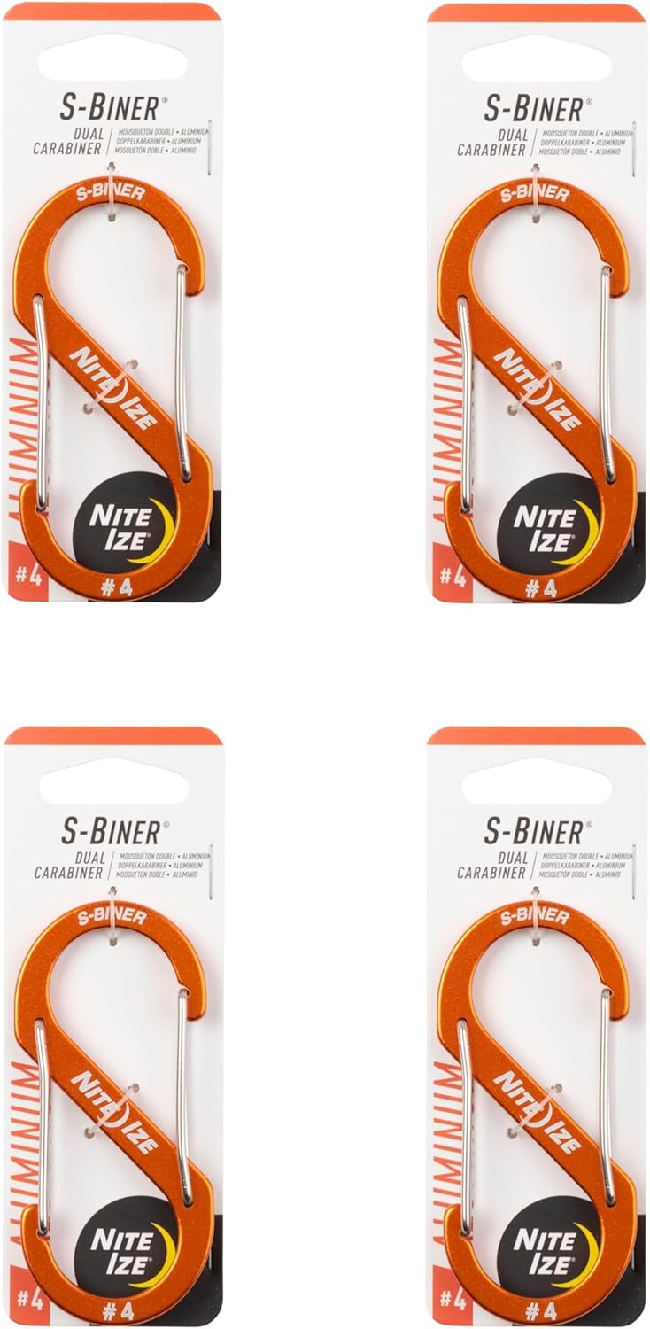 Nite Ize S-Biner Aluminum Dual Carabiner - Durable Dual Carabiner with Wire Gate Closure - Carabiner for Organizing Keys & Gear Attachments - Size 4, Orange (4 Pack)