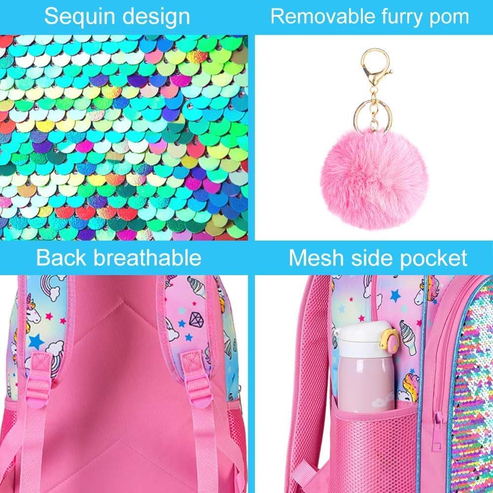 3PCS Girls Backpack, 16" Sequin Prechool Elementary Bookbag and Lunch Box - Image 5