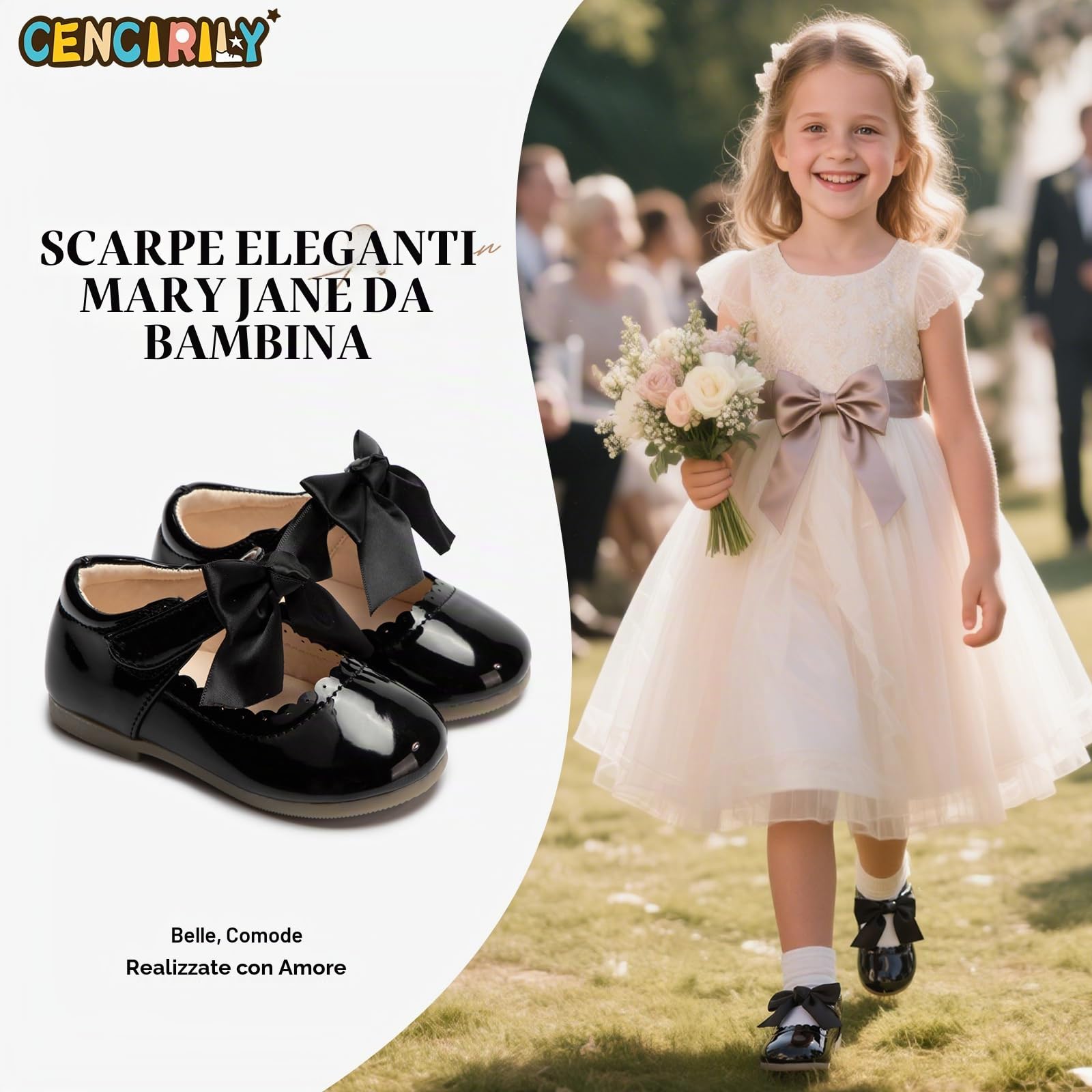 CENCIRILY Mary Jane - Scarpe da bambina, punta quadrata, per feste, matrimoni, glitter, con fiocco, paillettes scintillanti, per compleanno, ballo, cosplay, danza