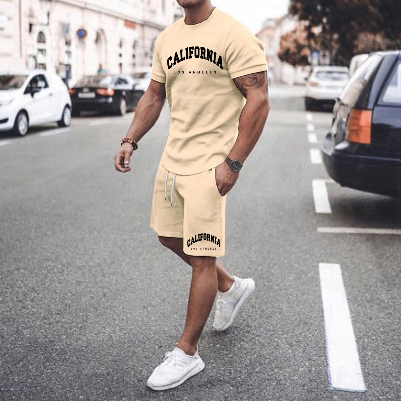 Ensemble haut d'été ample pour homme, t-shirt et short, costume décontracté à la mode pour homme, sweat-shirt et short rétro basiques pour garçons#M