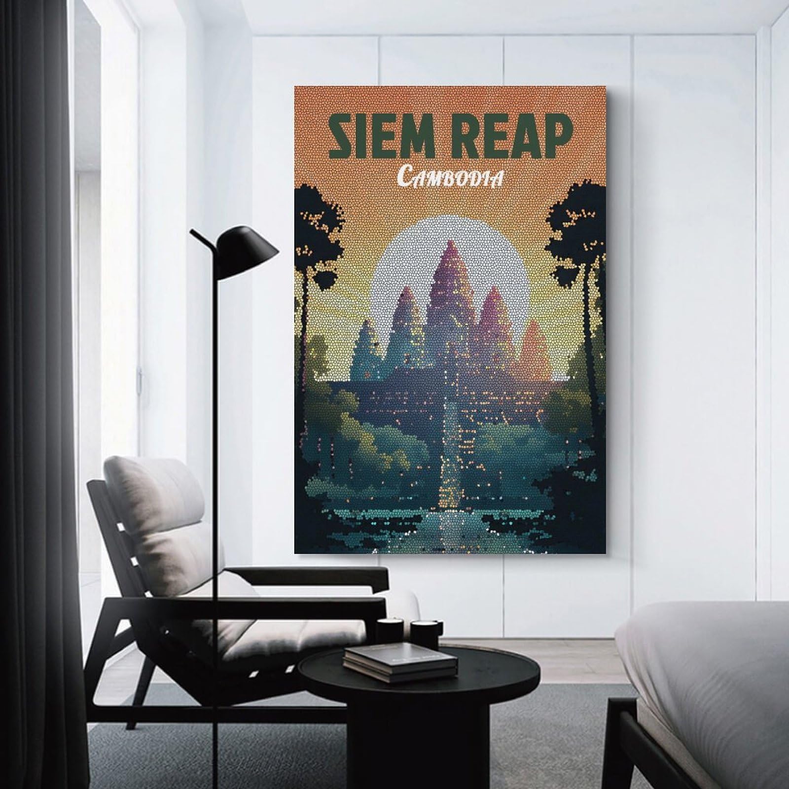 Junmoney Siem Reap Cambodia Mosaic Art Canvas Art Print, 24x36inch(60x90cm), for Restful Interiors, Bedrooms Or Small Rooms, A Warm Accent for Relaxed Interiors