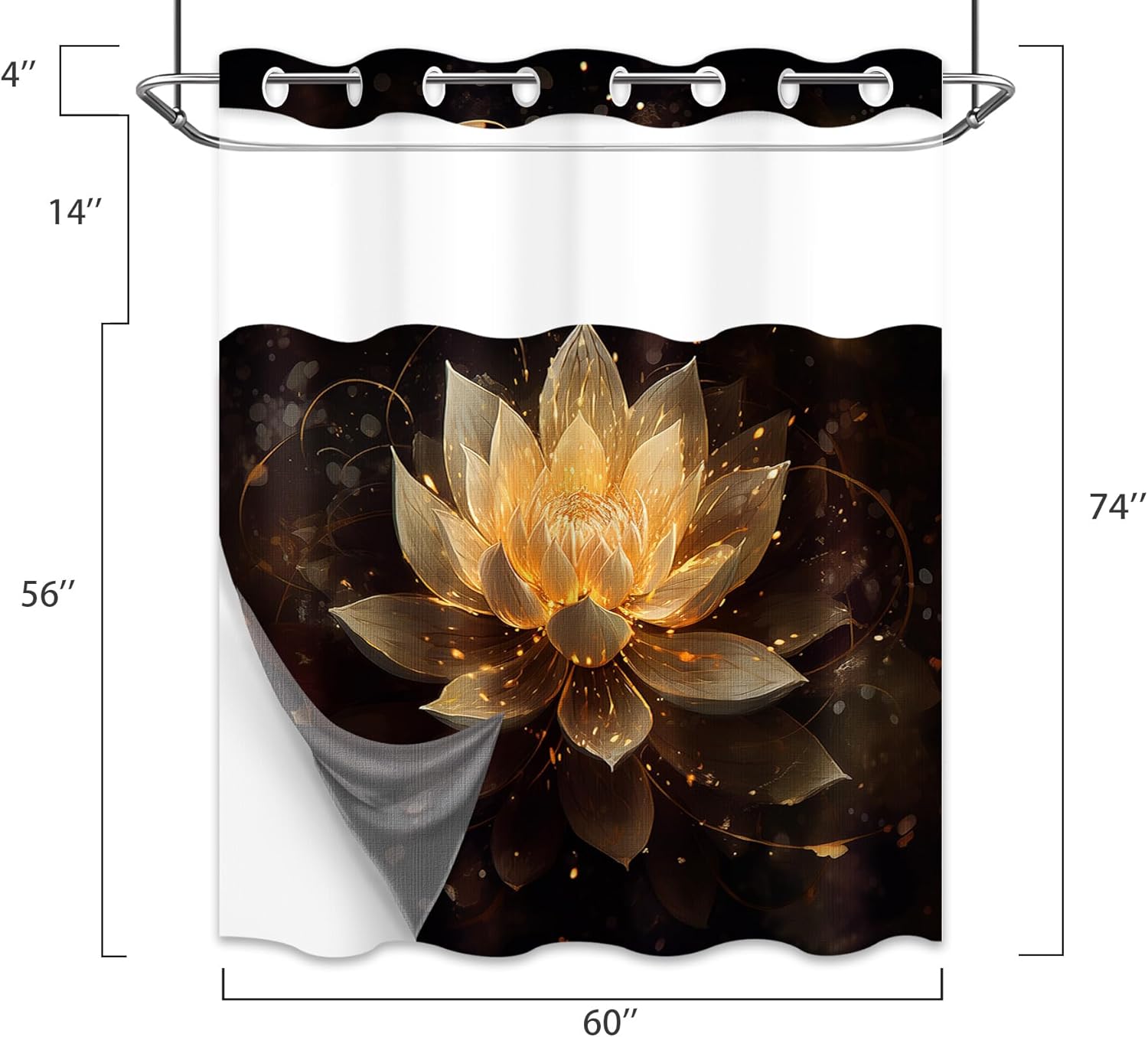 Lotus Hookless Shower Curtain with Snap in Liner, Black and Gold Spa Zen Spiritual Golden Floral No Hook Double Layer Shower Curtain and Liner Set, Waterproof Cloth Fabric, 60" W X 74" L