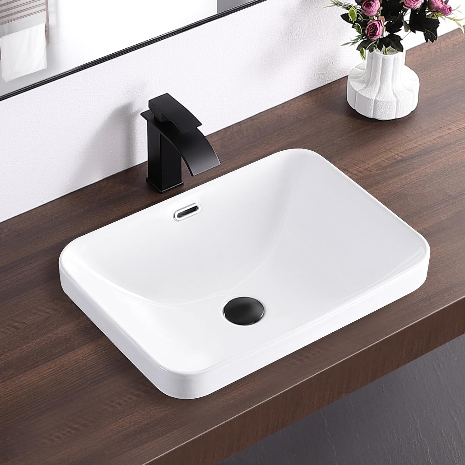 Bathroom Vessel Sink 20.6'' x 14.7'' Semi Recessed Bathroom Sink Rectangular Drop-in Vanity Sink with Overflow White Ceramic Modern Art Basin
