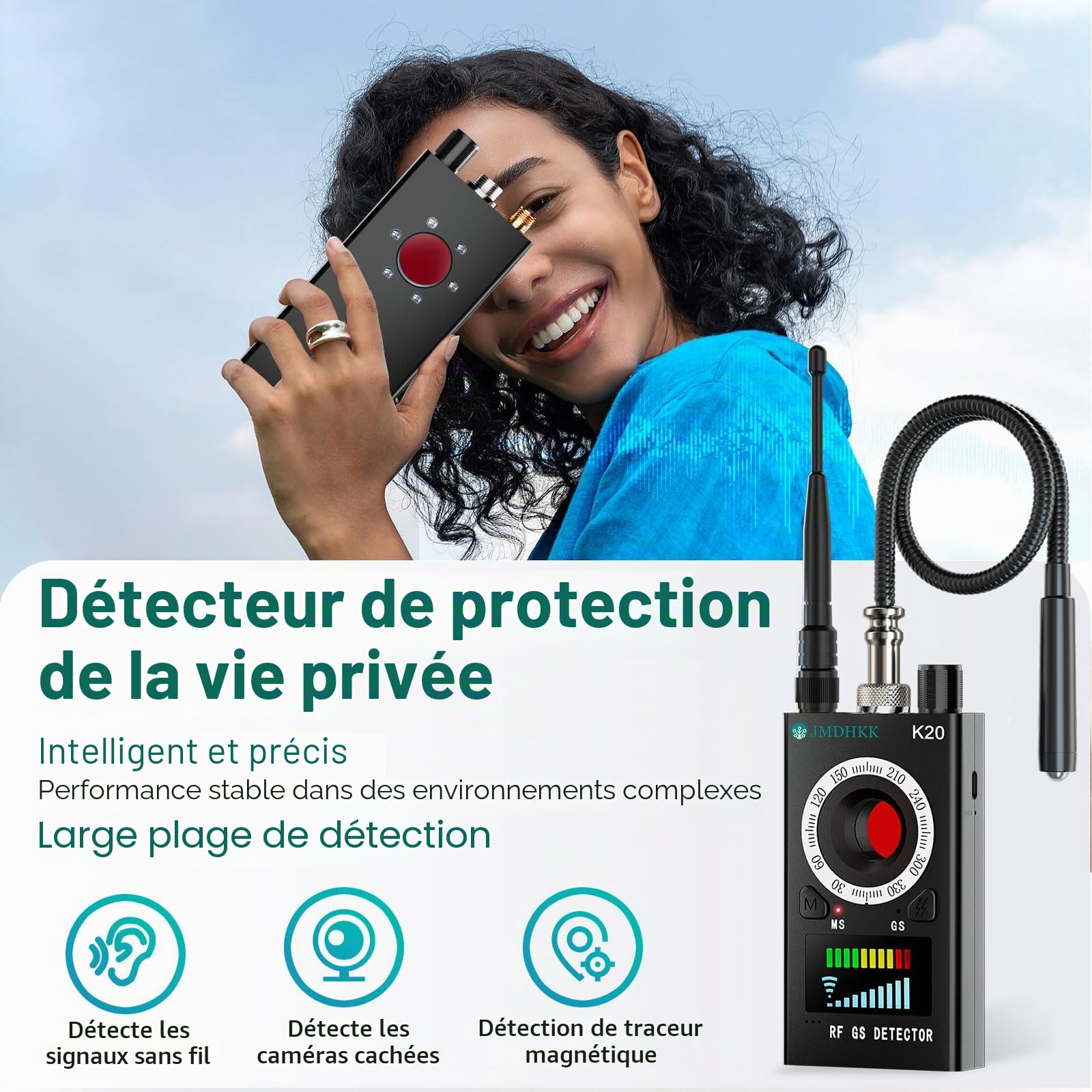 JMDHKK Détecteur de Caméras Espionnes, Détecteur de Micro Espion, GPS et Caméra pour Hôtels, Voyages, Voitures, Maison
