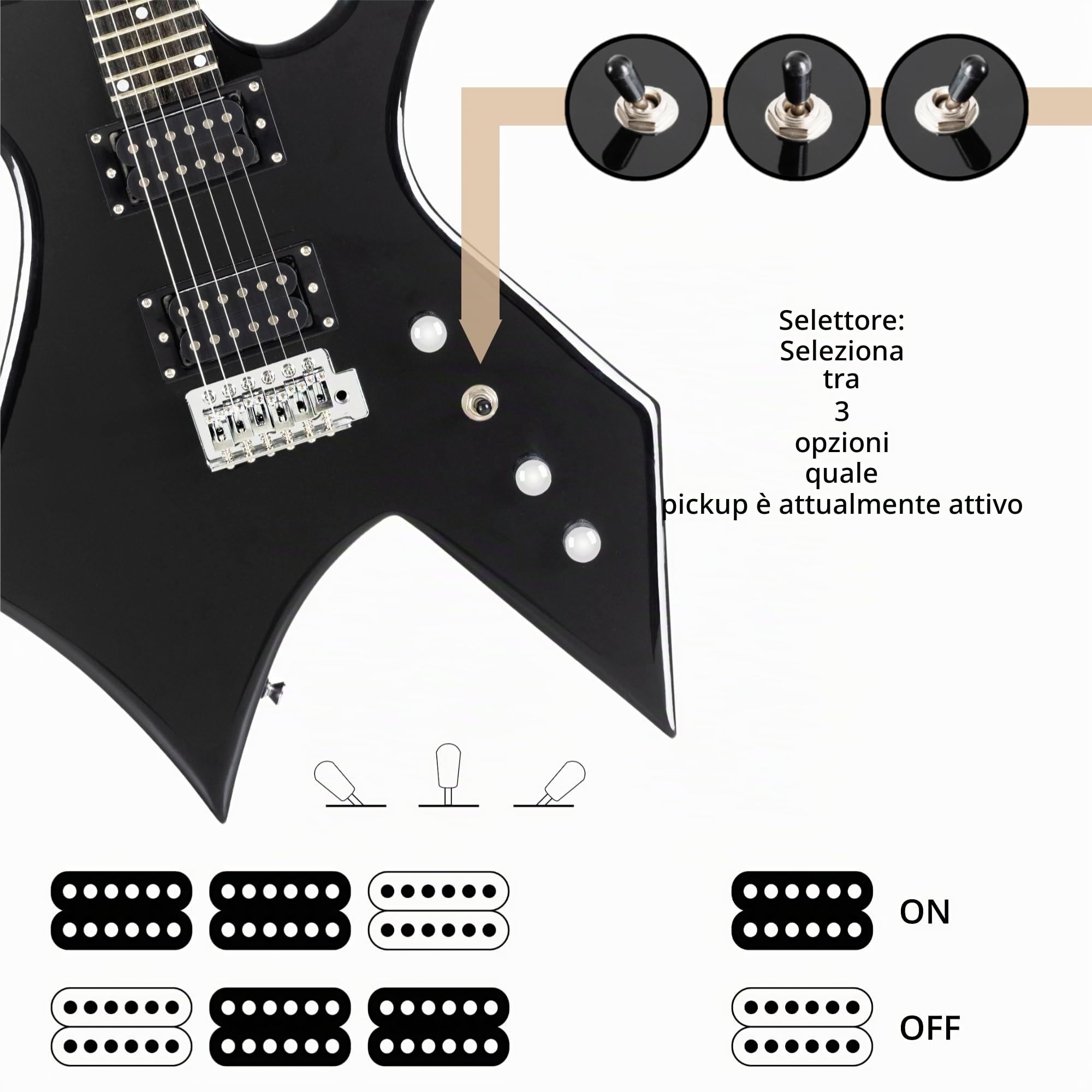Rocktile Warhead Chitarra Elettrica AK20G Set, Modello: Warhead, Peso: 3 | Corpo: Tiglio, Manico: acero avvitato, 2 pickup humbucker, 24 tasti medi, Tastiera in legno duro selezionato, Inlays: Dot