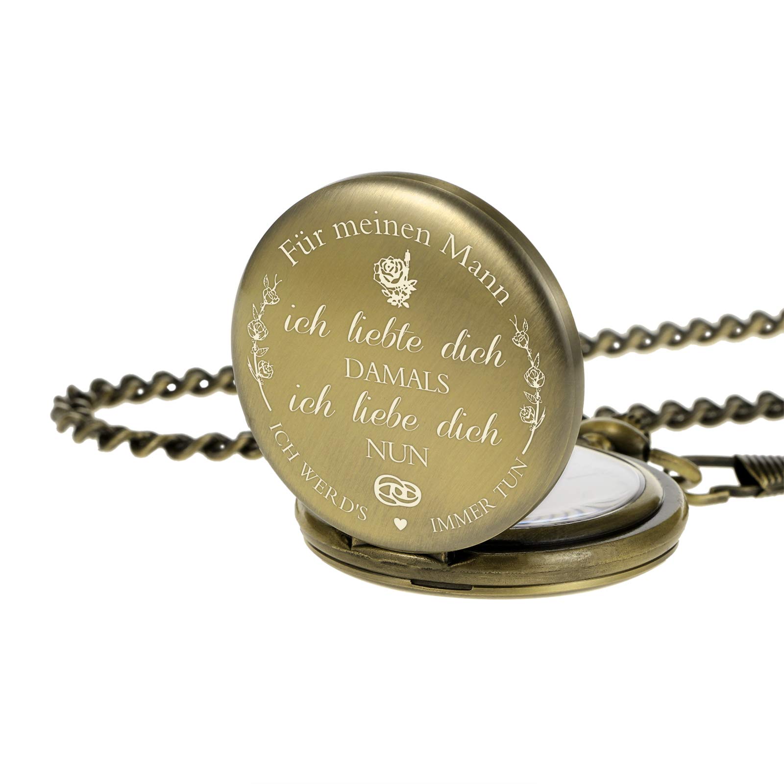 TREEWETO Taschenuhr mit Gravur Kette Herren Schwarz/Bronze Geschenk zum Geburtstag Hochzeitstag Jahrestag Ehemann