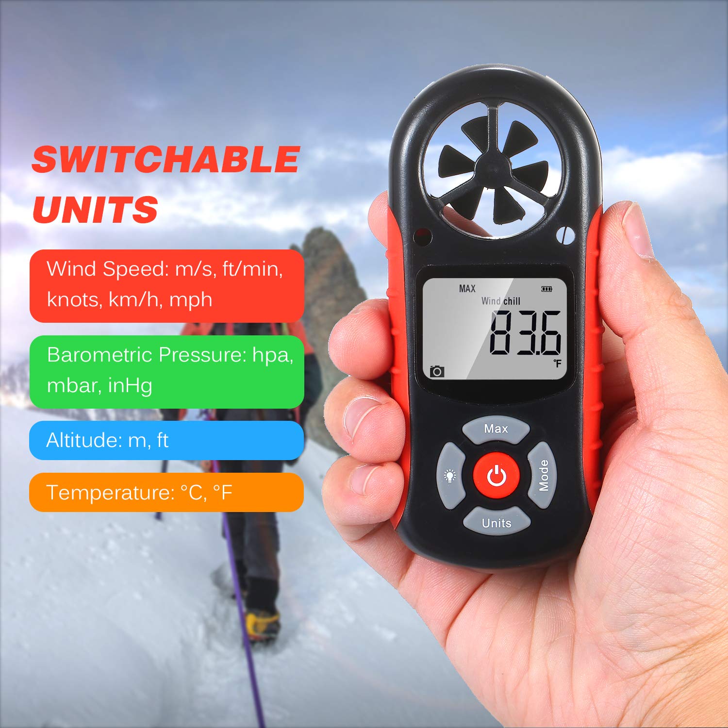 Irfora 8-in-1-Handheld-Digitalanemometer Windgeschwindigkeit/Windkälte/Temperatur/Luftfeucgkeit/Wärmeindex/Taupunkt/Luftdruck/Höhenmesser Digitaler Meteorograph mit