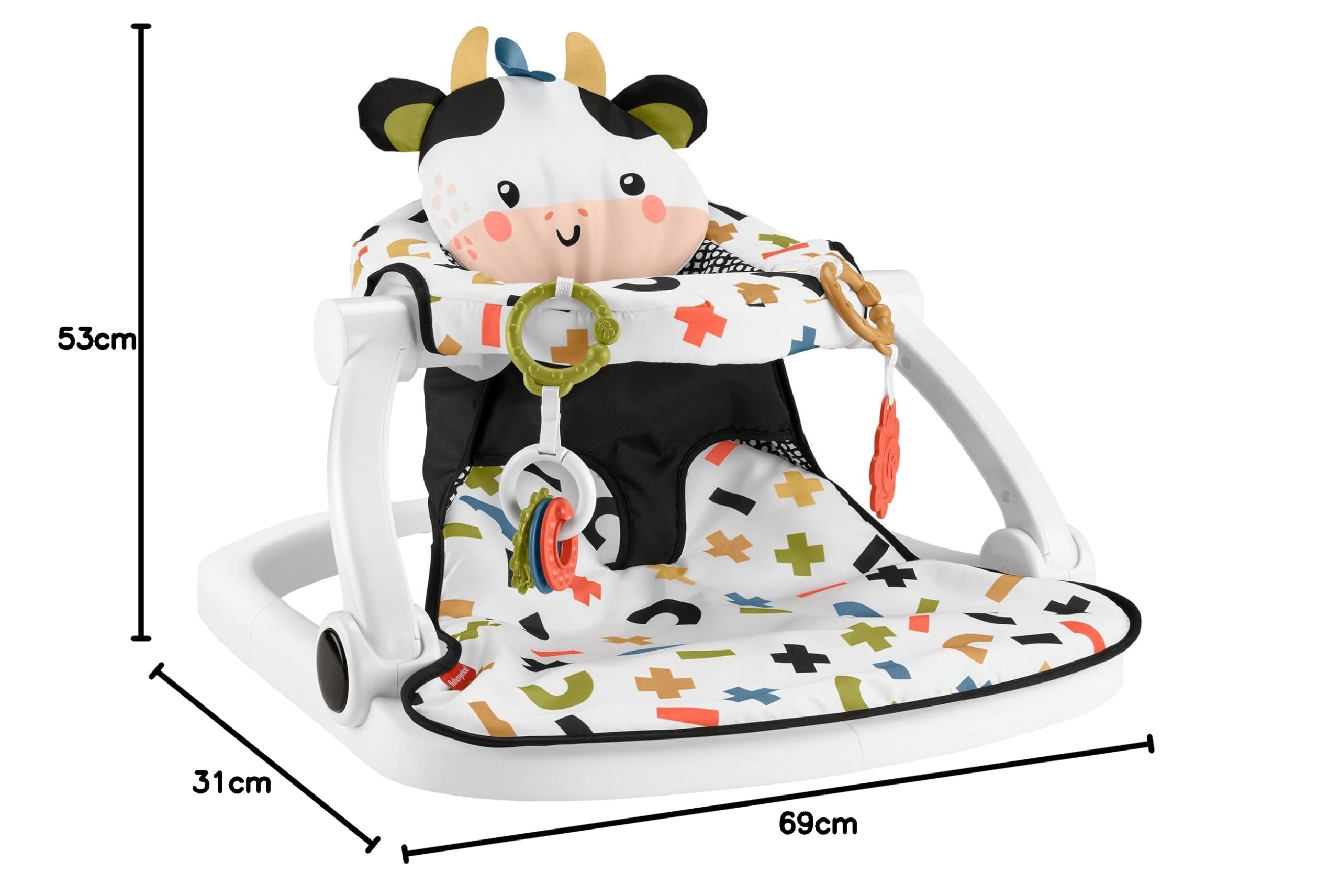 Fisher-Price Tragbarer Babystuhl, niedlicher Kuh-Sitz, Bodensitz mit BPA-freiem Beißring und Klacker, Entwicklungsspielzeug für Neugeborene