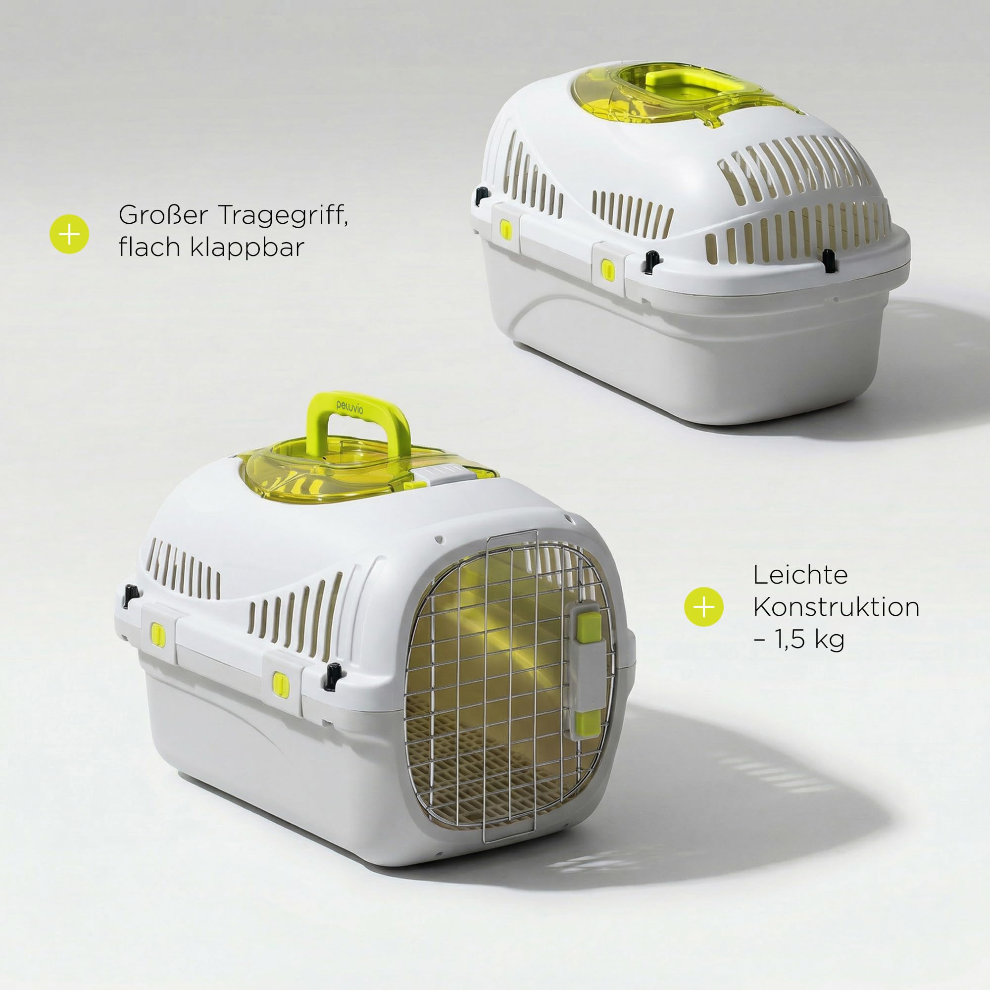 Peluvio Safy Katzentransportbox Hartschale mit Metalltür, Doppelsicherung und Belüftung, Sichtklappe Oben, Versenkbarer Tragegriff, Bodenrost Herausnehmbar für Hygieneeinlage, Napf, für Auto, bis 5 kg
