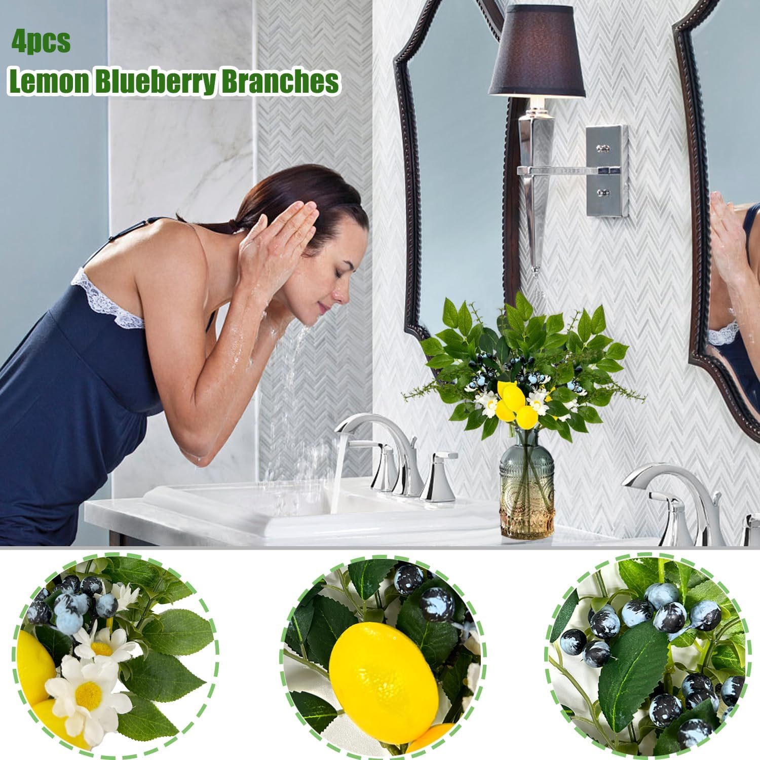 4PC Artificial Lemon Blueberry Branches with Vase for Home Decor Vivid Fake Lemon Twig Stem Bunch in Vase Summer Farmhouse Decor for Dining Table Centerpieces Office Coffee（Lemon）