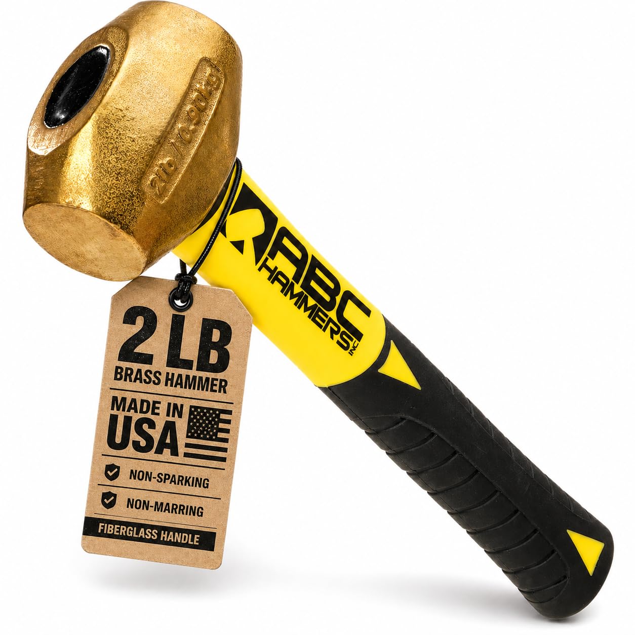 ABC Hammers Brass Drilling Hammer - 2 lb. Non-Sparking Hammer with 8" Fiberglass Handle & Double Faced Head - ABC2BFS