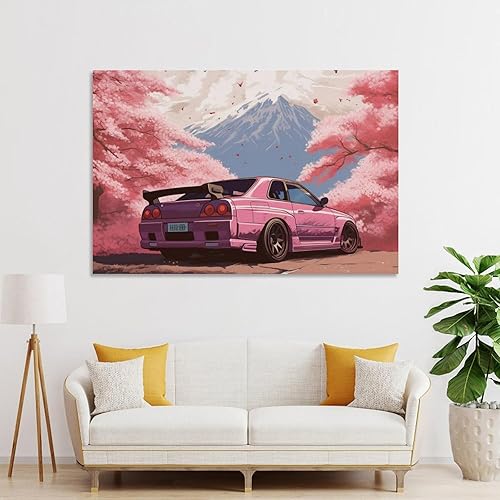 Miniatura 3 de FeoYoed JDM - Póster de auto R34 para pared, diseño de paisaje japonés, diseño de flor de cerezo rosa, monte Fuji, impresiones estéticas, sin marco,