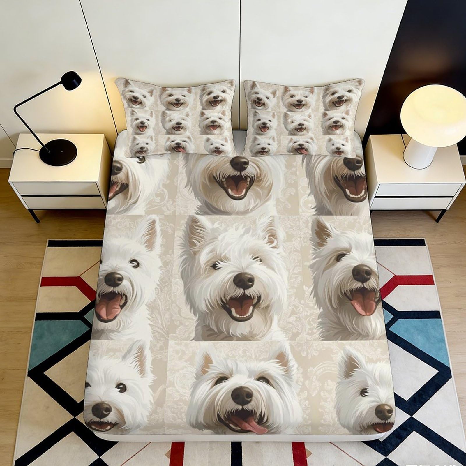Jqzkxnhpbr Style-9 3D Printed Westie Dog Pattern Fitted Sheet Microfiber Soft Bed Cover White Puppy Print For Bedroom Guest Room 90X200x25cm