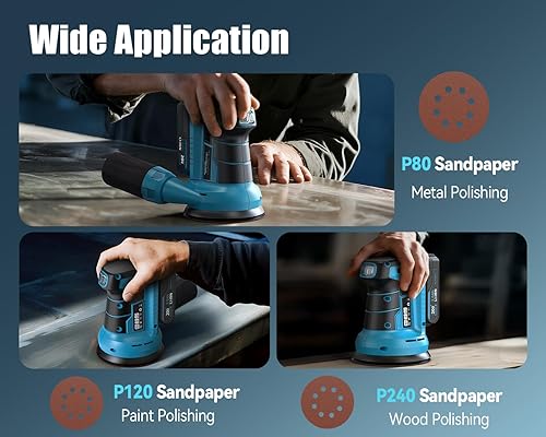 Miniatura 7 de Tilswall Lijadora orbital inalámbrica de 20 V, lijadora eléctrica de mano de palma de 5 pulgadas con colector de polvo al vacío, lijadora eléctrica