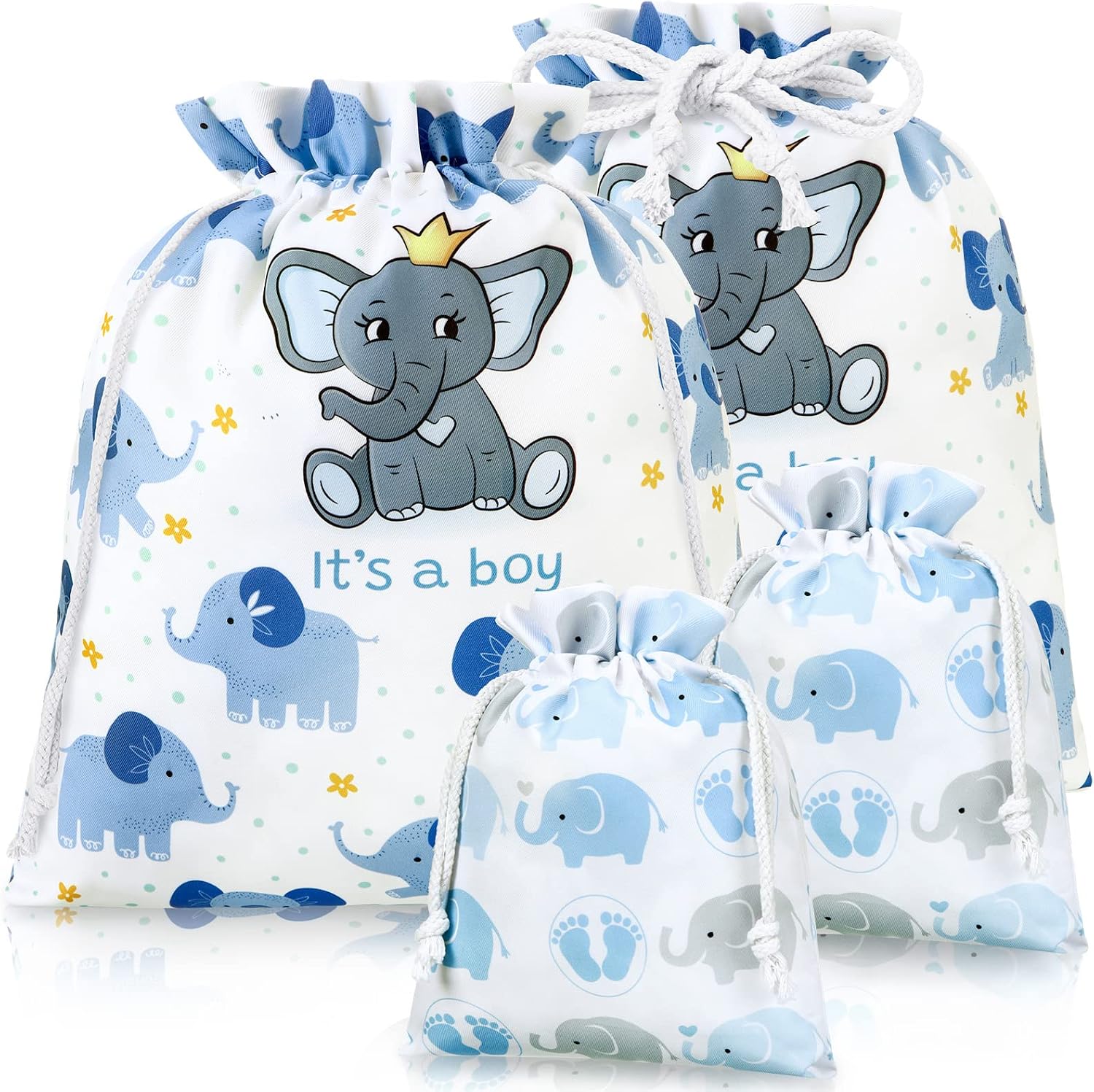 Sadnyy 4 Pcs Baby Boy Gift Bags Baby Shower Large Medium Drawstring Blue Elephant 20 Inch 12 Inch Reusable Wrapping Gift Bags for Boys Newborn Birthday Gender Reveal Party Supplies