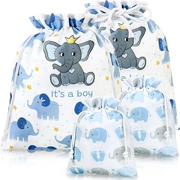 Sadnyy 4 Pcs Baby Boy Gift Bags Baby Shower Large Medium Drawstring Blue Elephant 20 Inch 12 Inch Reusable Wrapping Gift Bags for Boys Newborn Birthday Gender Reveal Party Supplies