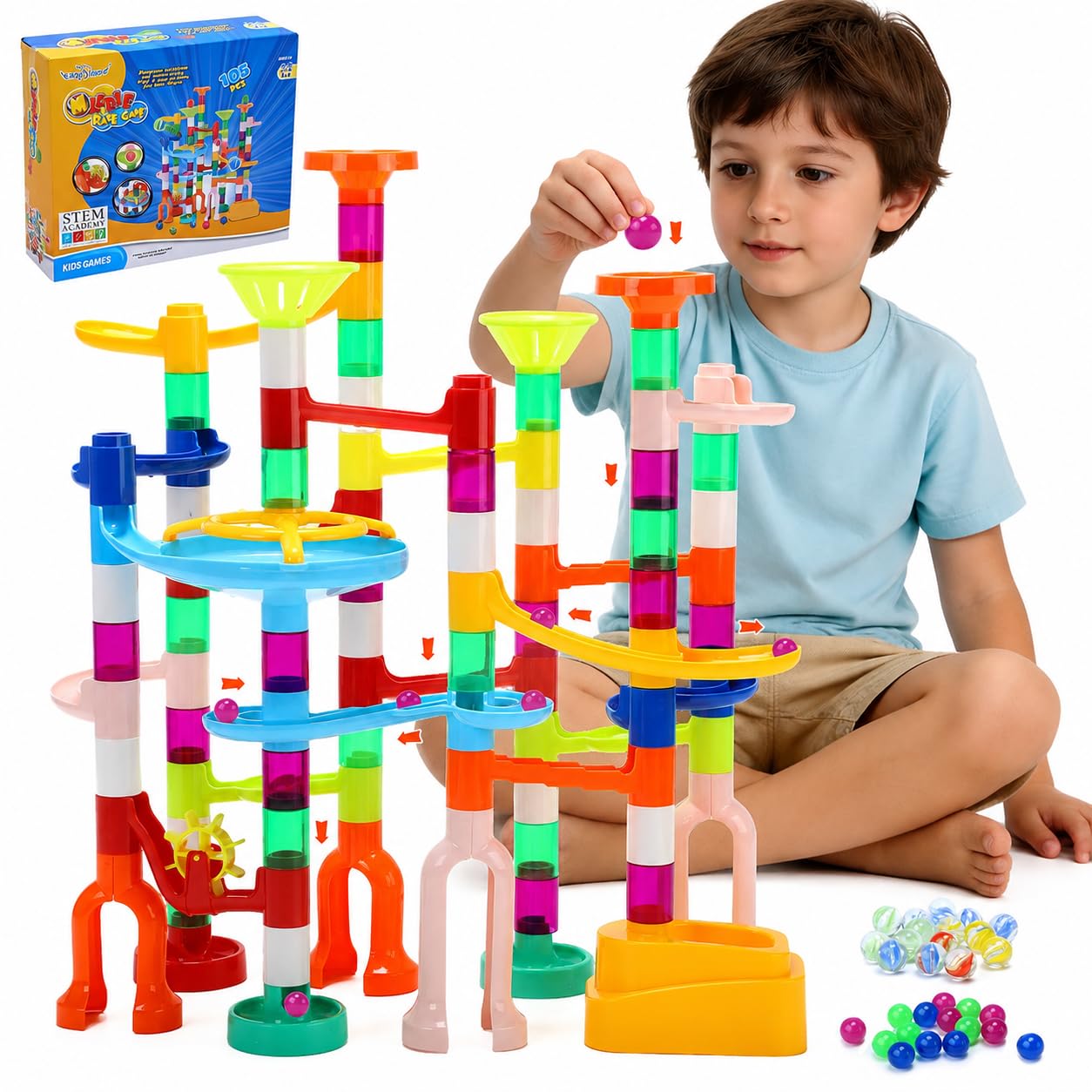 EagleStone 105PCS Marble Run Kit Marble Maze Construction Building Toy Set