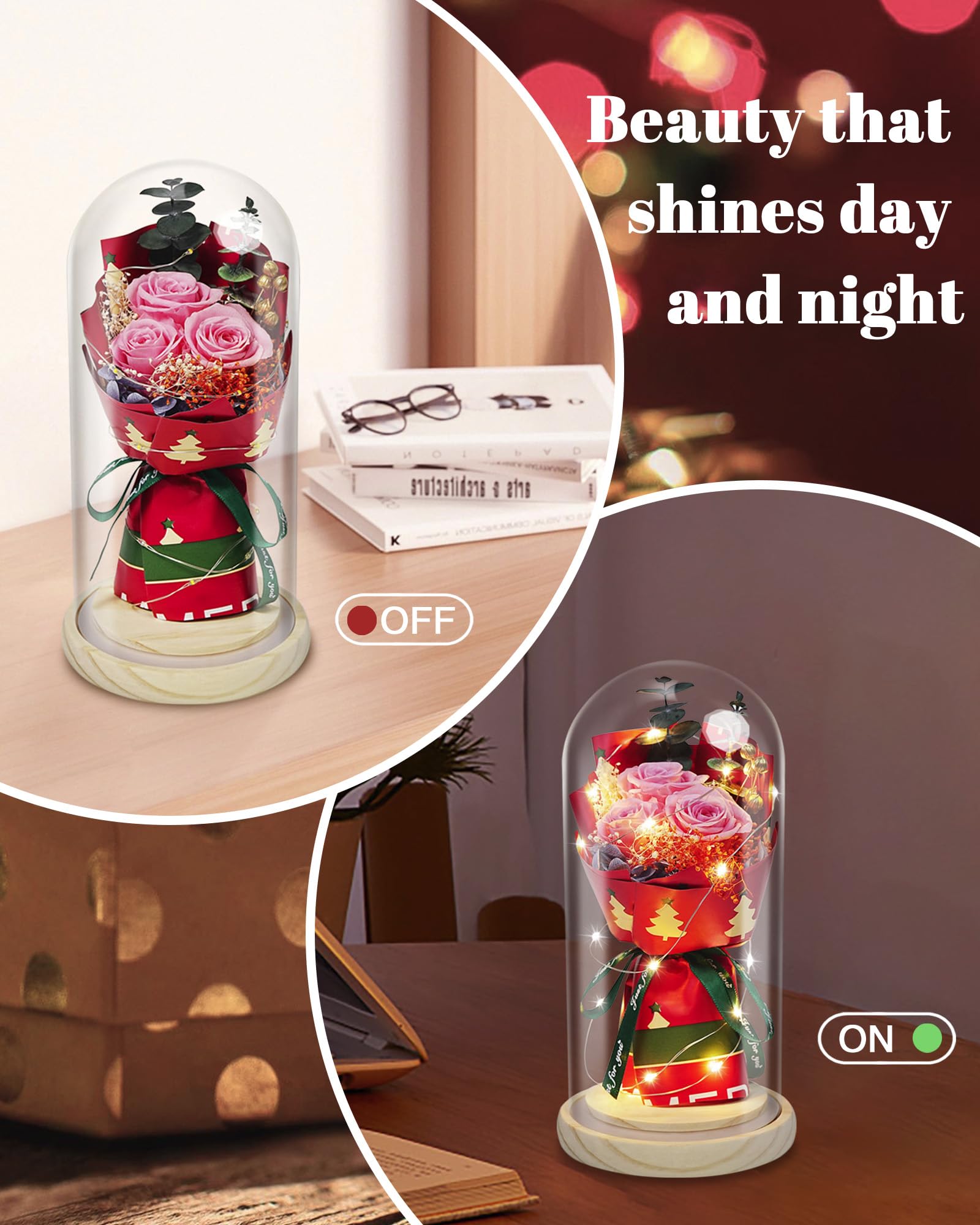 HVY Fleurs préservées en verre pour elle, bouquet de roses véritables roses avec lumière LED, rose éternelle pour femme, épouse, maman, grand-mère comme anniversaire, Noël, Saint-Valentin, fête des