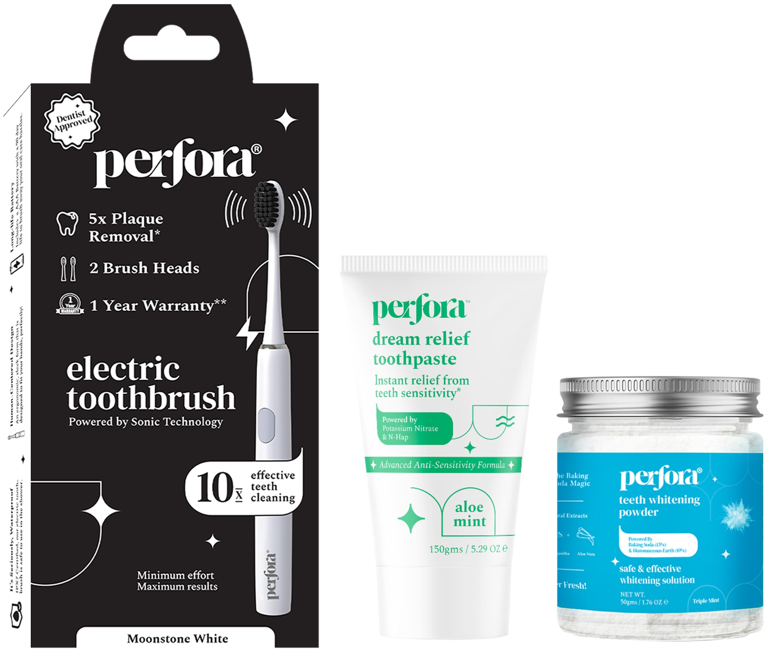 Perfora Teeth Whitening And Sensitivity Care | Moonstone White Electric Toothbrush | Dream Relief Toothpaste | Aloe Mint Flavor | Triple Mint Teeth Whitening Powder | SLS Free | Pack Of 3