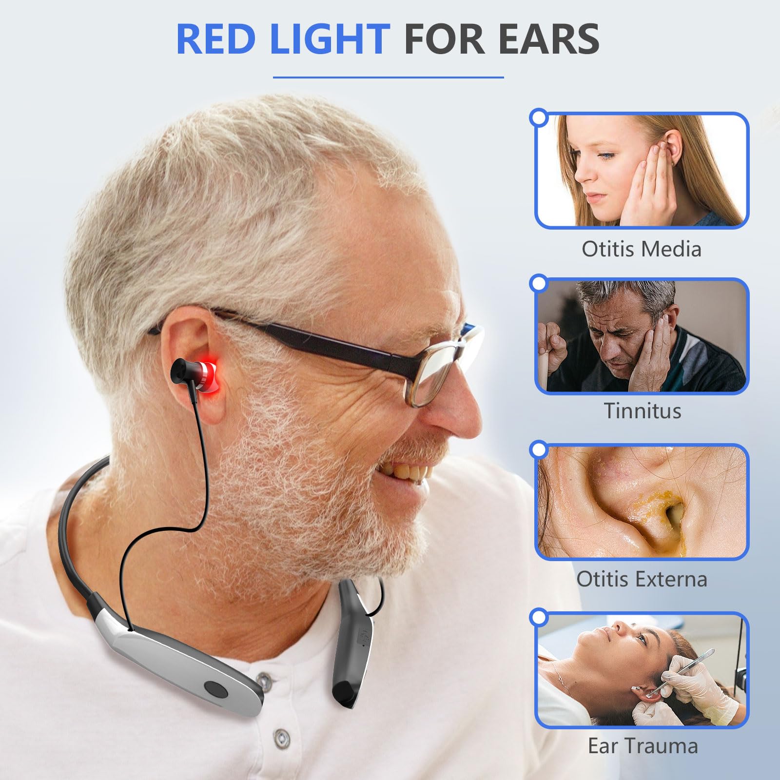 Rotlichttherapie für Ohren, 2-in-1 Rotlichttherapiegerät, tragbares Rotlicht-Tinnitus-Linderungsgerät mit drei Paar Ohrstöpseln