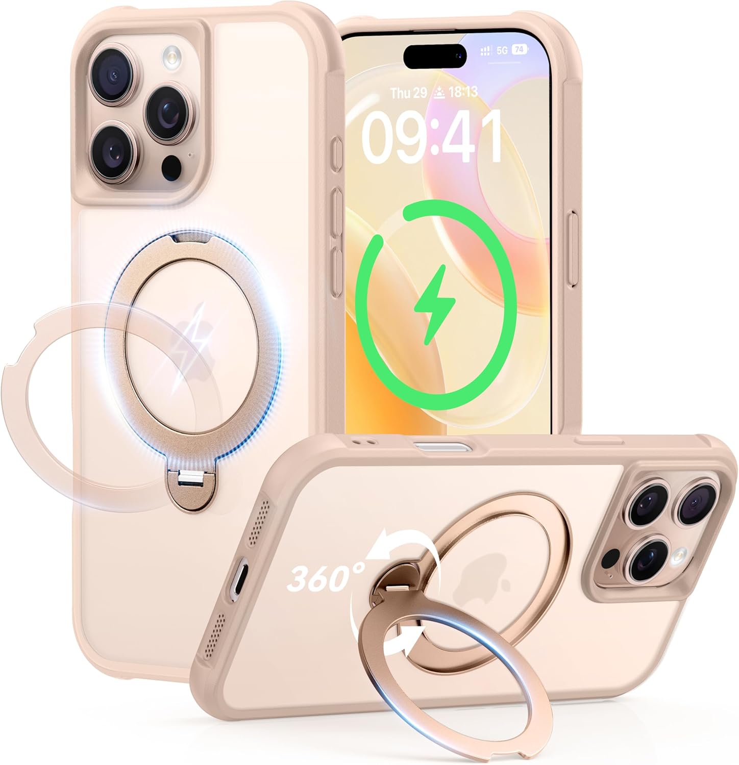 360 Spin Magnetic Stand (Pro-Version) for iPhone 16 Pro Max Case (Compatible with MagSafe) [Military Drop Protection] Matte Translucent Shockproof Protective Phone Case 6.9'', Desert Titanium for 16 Pro Max Case 6.9'' Desert Titanium