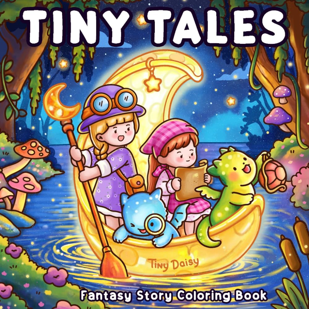 Tiny Tales Mini Fantasy Coloring Book: Magical Moon Cover Version for Teens and Adults featuring Cute Dragons and Girls with Cozy Dreamy Moments