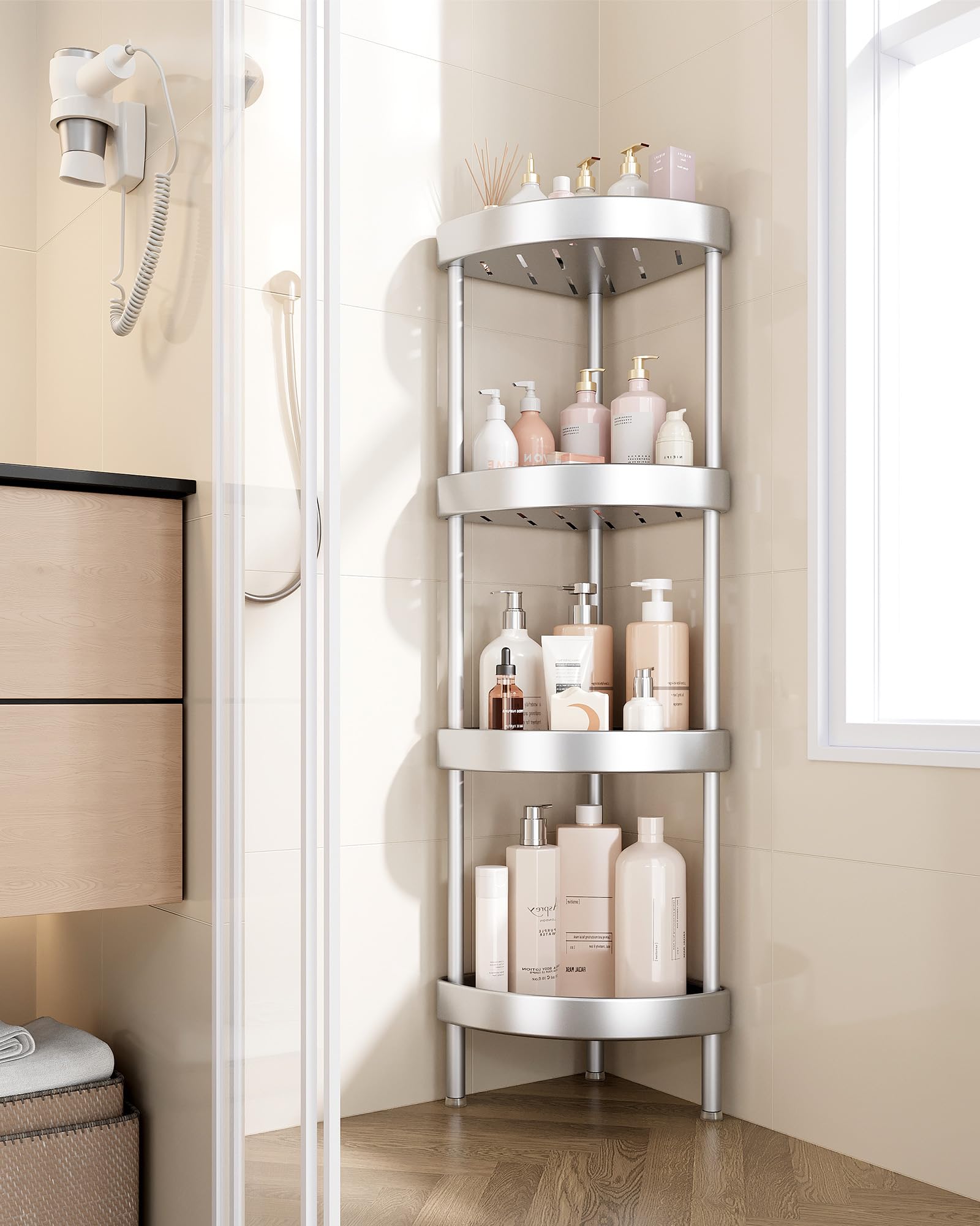 Nieifi Narożny stojak prysznicowy - 4-poziomowy nierdzewny anodowany aluminiowy stojący organizer prysznicowy, narożnik prysznicowy, podwójna stabilność, zapobiega wstrząsom, regulowana wysokość nóg