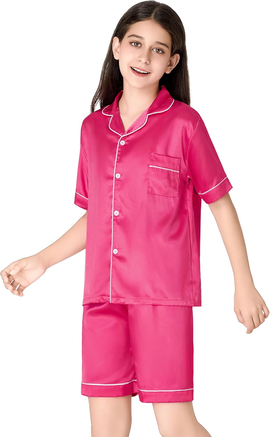 Beezizac Little & Big Girls Pajama Set Size 6-16 -Pink/Blue/Turquoise/Peach Satin Silky Cute Summer Shorts Outfit - Image 4