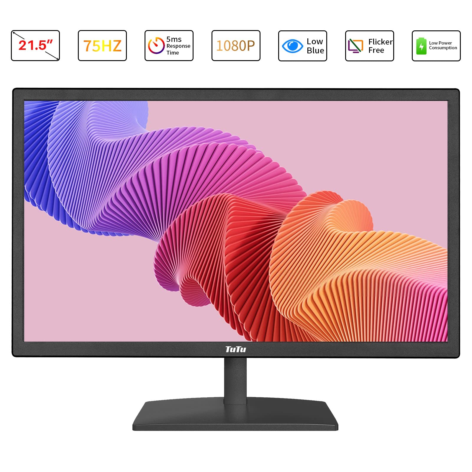 TuTu Écran PC 22 Pouces Bureautique Full HD LED 75Hz Moniteur PC VGA HDMI Écran Ordinateur de Bureau 5ms Soin des Yeux Anti-Scintillement Travail