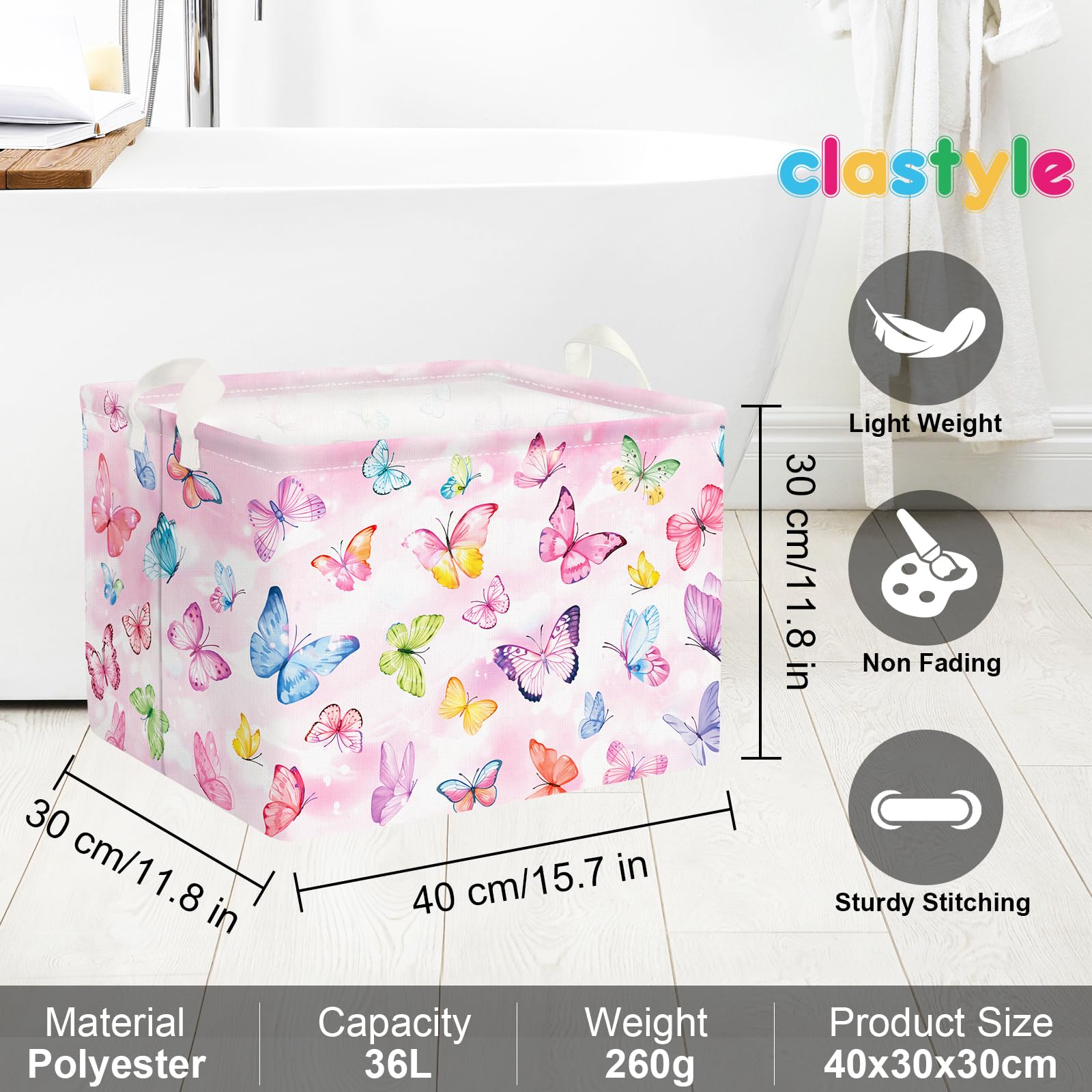 Clastyle Ceste Biancheria Bambini Farfalla Cestino Giocattoli Vestiti Impermeabile per Donna Ragazza Cestino Portaoggetti per Bagno Cameretta Bucato, Rosa, 40x30x30 cm