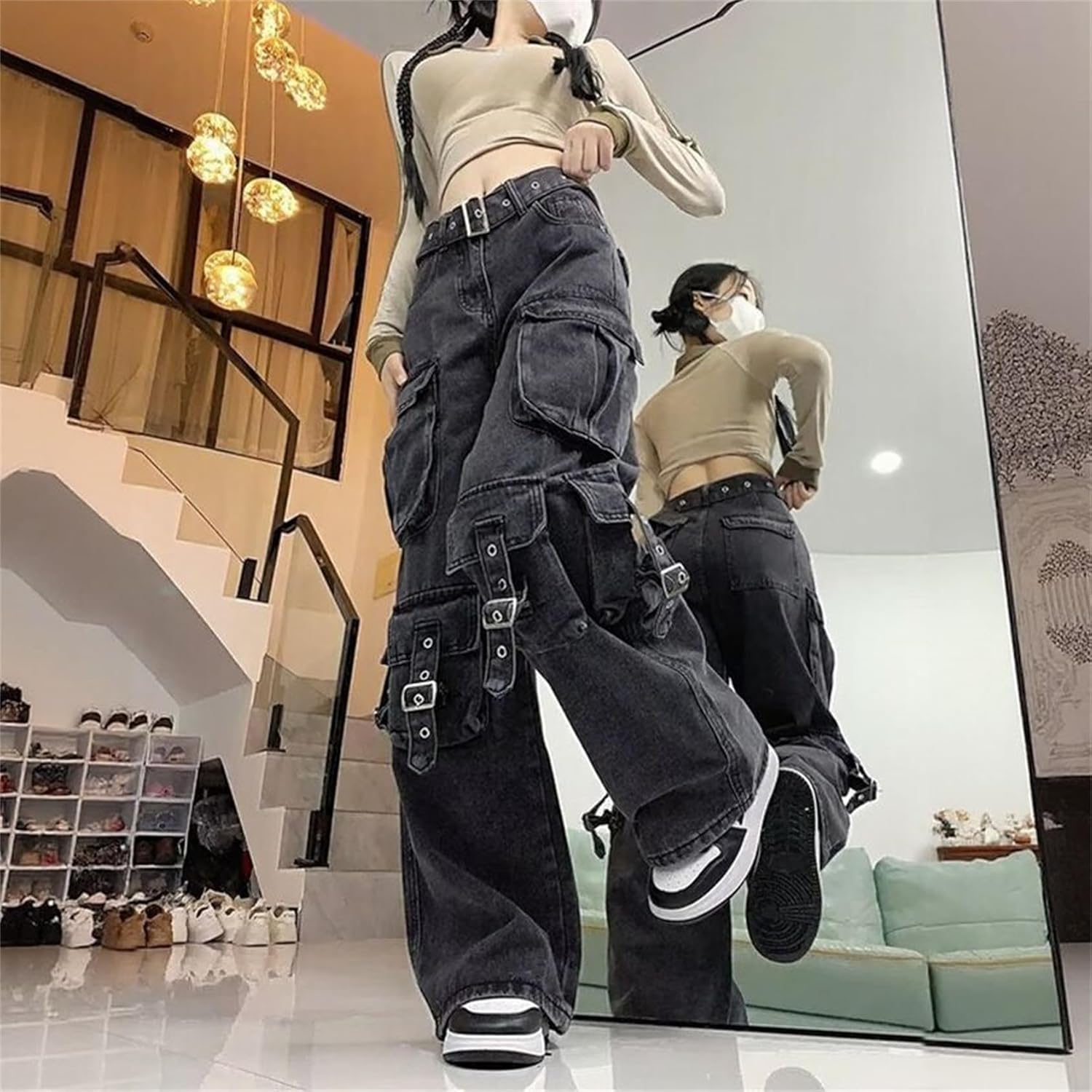 Women Trendy Alt Cargo Jeans Wide Leg Pants - 70s Mid Waist Buckle Lounge Pockets Loose Goth for Travel Going Out