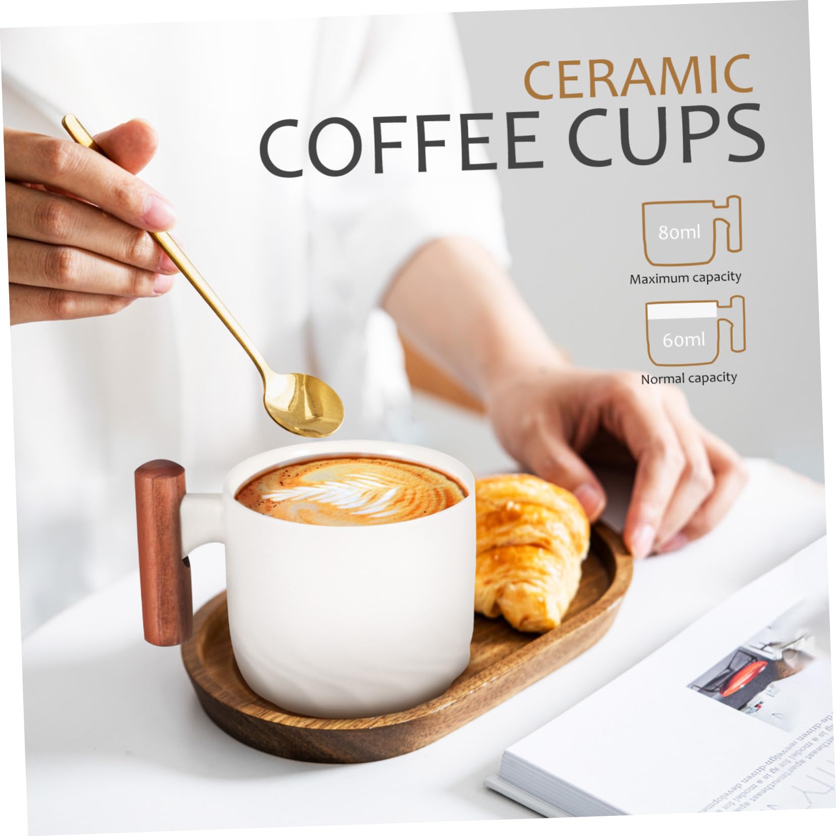 4 Stück Keramik Espressotassen mit Holzgriff Weiß Kompakt Angenehmes Trinken für Kaffee