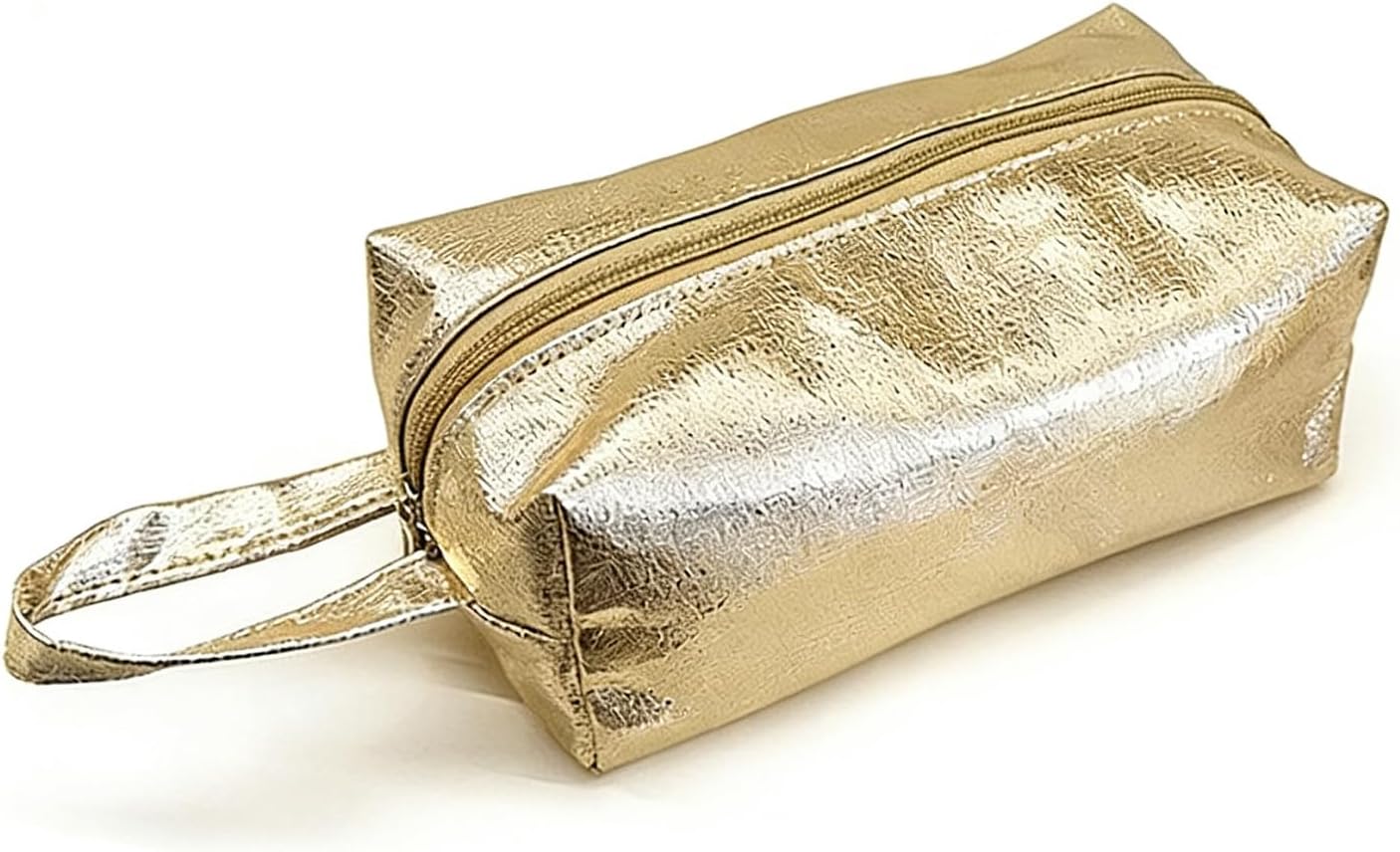 Metallic PU Leather Cosmetic Bag for Women Portable Travel Toiletry Bag with Wrist Strap Waterproof Makeup Organizer Pouch (Gold)