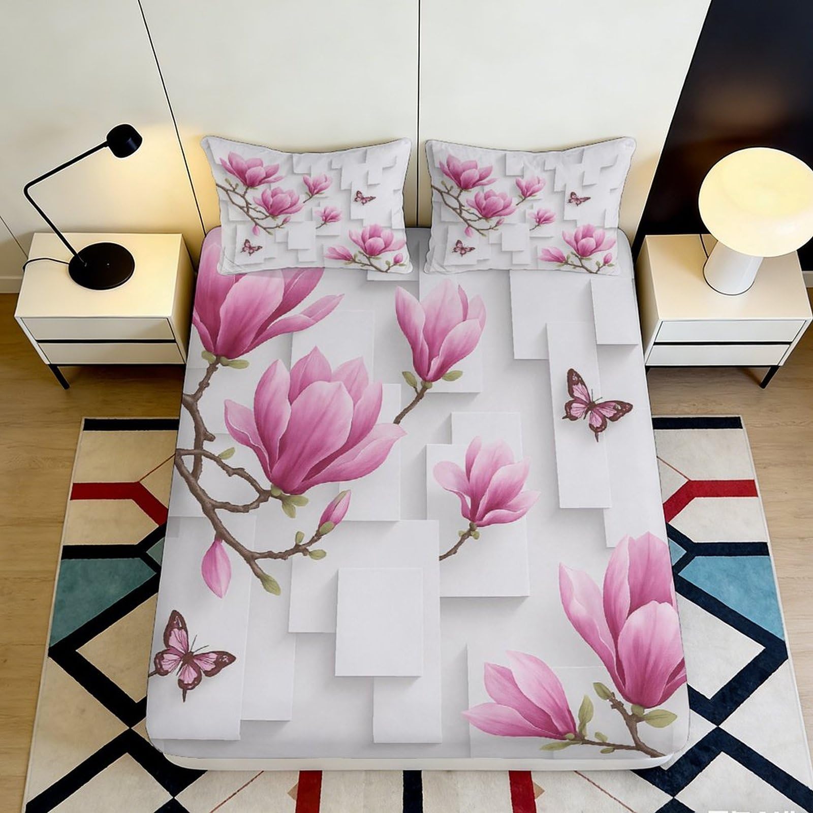 Pnayamiorkfel Style-1 3D Printed Magnolia Blossom Fitted Sheet Microfiber Soft Anti-Slip Butterfly Bed Cover For Bedroom Home Decor 90X200x25cm