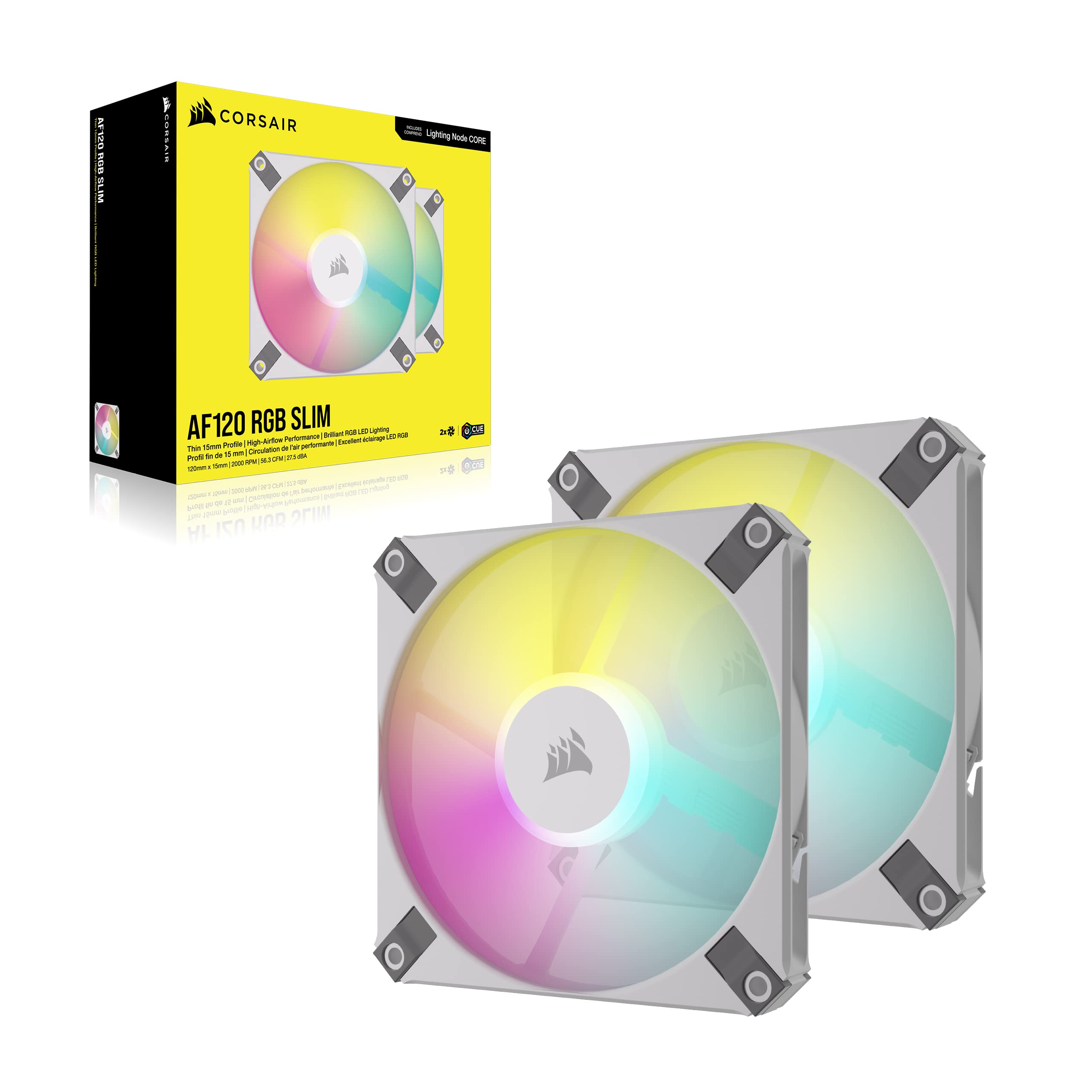 Corsair AF120 RGB SLIM, 120mm PWM Zestaw Wentylatora z Łożyskiem Dynamicznym - Cienki Profil dla Małych Obudów - Do 2000 RPM - 8 Adresowalnych Diod LED RGB - Dual Pack z Lighting Node CORE - Biały