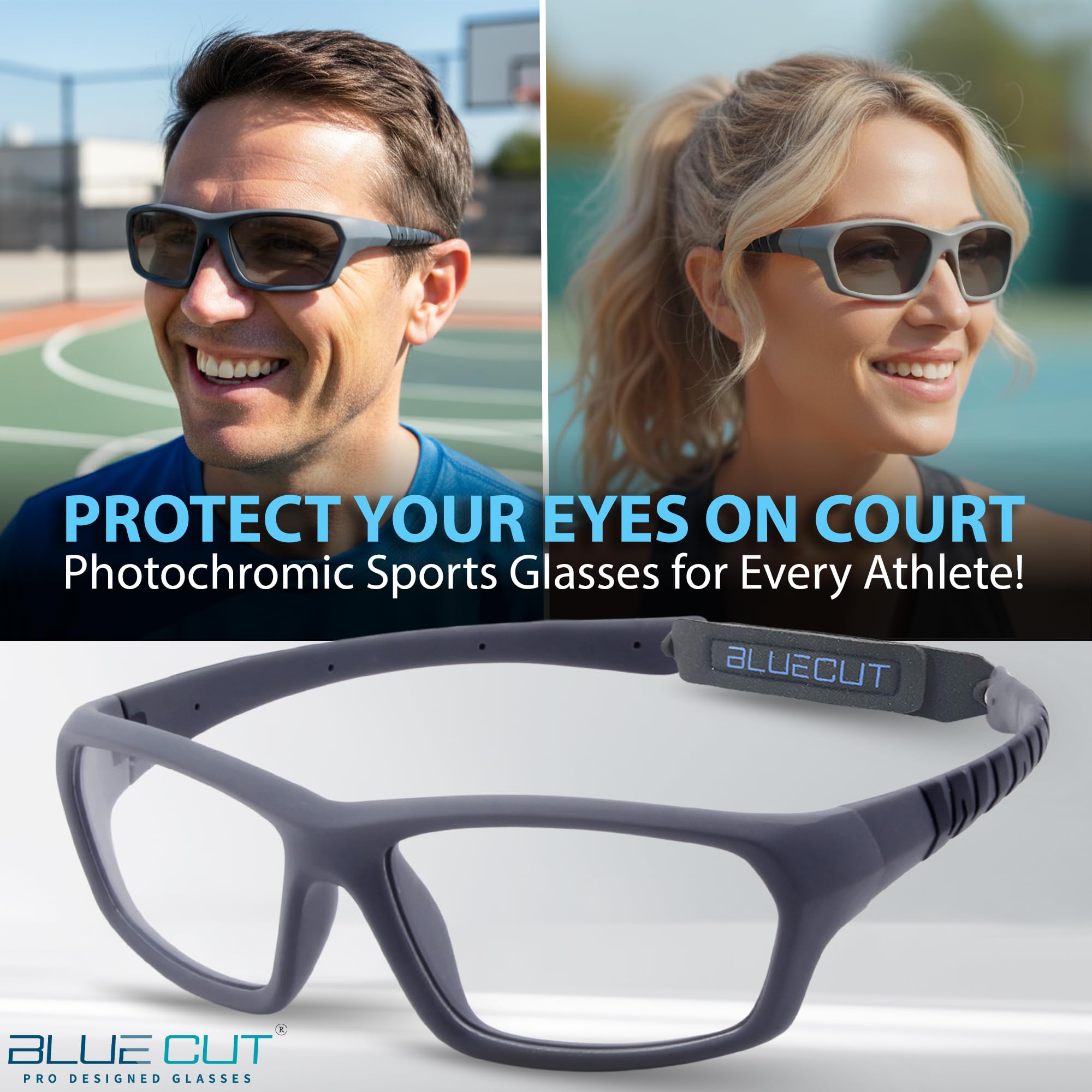 BLUE CUT Gafas de protección deportivas, lentes fotocromáticas antivaho, gafas de seguridad para baloncesto, pickleball y deportes al aire libre