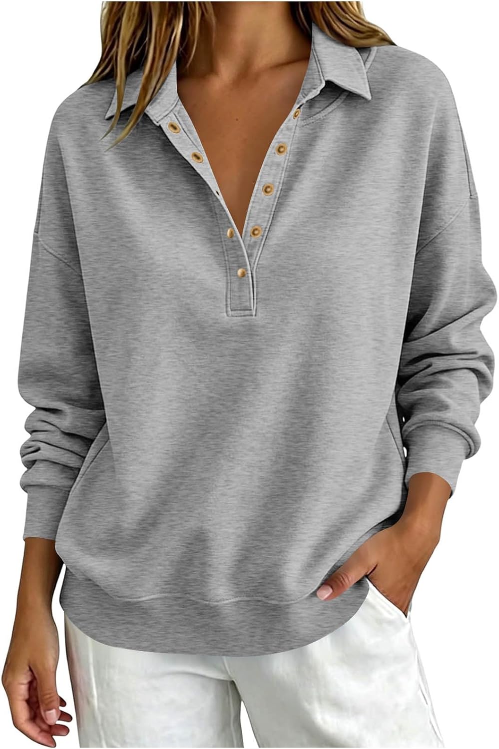 Oplxuo Sweatshirt for Women Oversized Casual Long Sleeve Button Henley Neck Pullover Tops Drop Shoulder Fashion Outfits