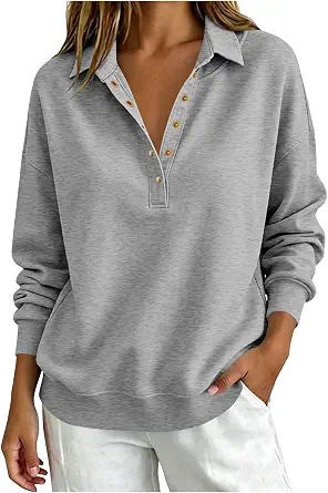 Women's Polo Collar Sweatshirt Long Sleeve Half Button Pullover Casual Top