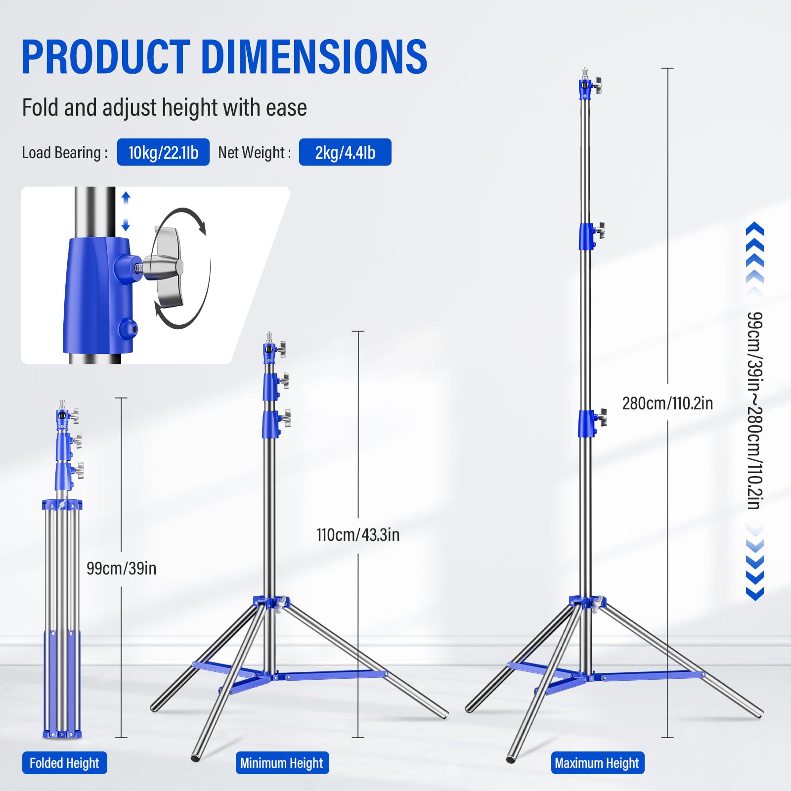 Soonpho Light Stand Supporto Leggero Treppiede 9,1 piedi/280cm Interamente in Metallo Ammortizzatore Capacità di Carico di 10kg per Fotografia Studio All'aperto e Live Streaming (Blu)