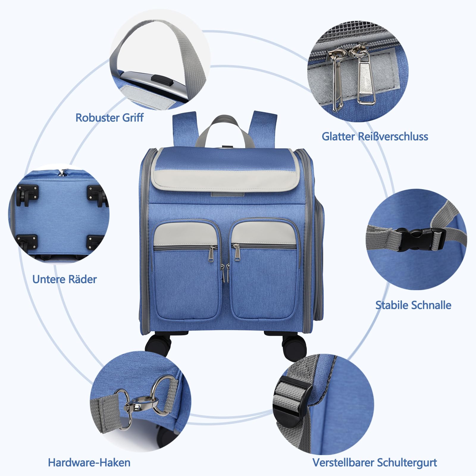 Galatée Hunde-Rucksack Mit Abnehmbaren Rollen, Flugtaugliche Hunde-Reisetasche, Haustier-Rucksack Mit Belüftungsfenstern Aus Netzgewebe, Faltbarer Haustier-Buggy(Blau)