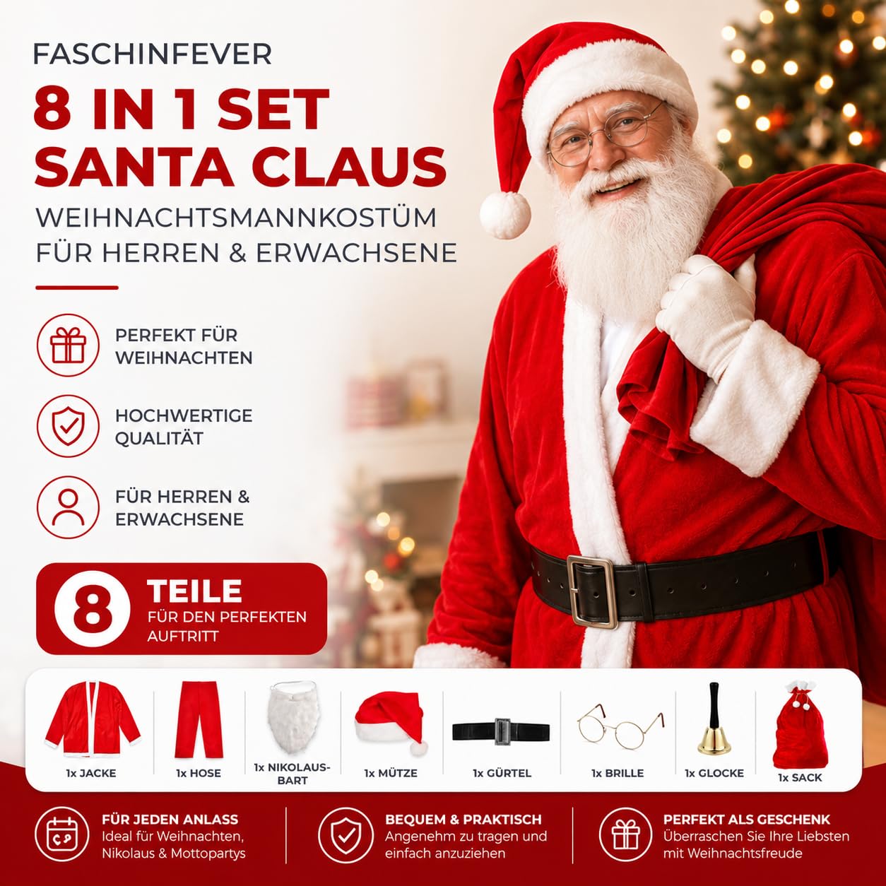 8 in 1 Set Weihnachtsmannkostüm & Nikolauskostüm - Santa Costume - für Weihnachten - Kostüm für Nikolaus - Weihnachtsmann - Santa Claus - Herren & Erwachsene