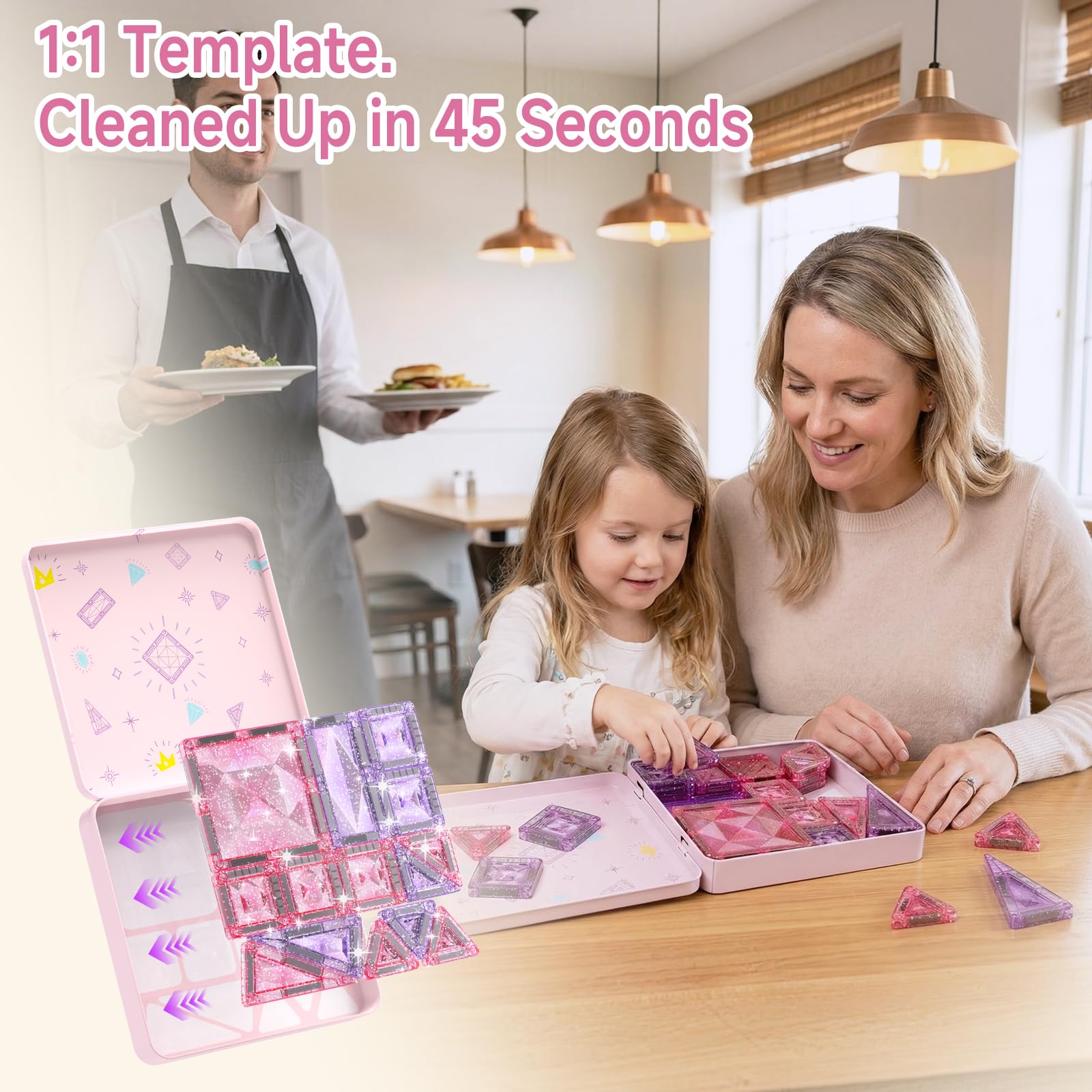 Magnetische Bausteine Reisespielzeug für Mädchen: 42 Teile Glitzer Diamant Magnetische Tiles in Metallbox für Auto, Flugzeug & Zug – 90 Minuten Beschäftigung, 45s Aufräumen – Geschenk ab 3-6 Jahren