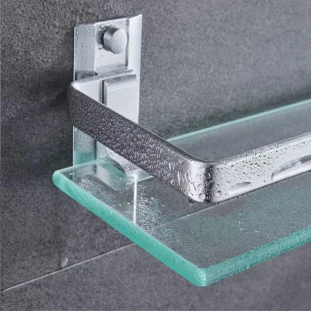 Estante de baño de vidrio templado rectangular de aluminio extra grueso color plateado arenado, montaje en pared, 25 cm