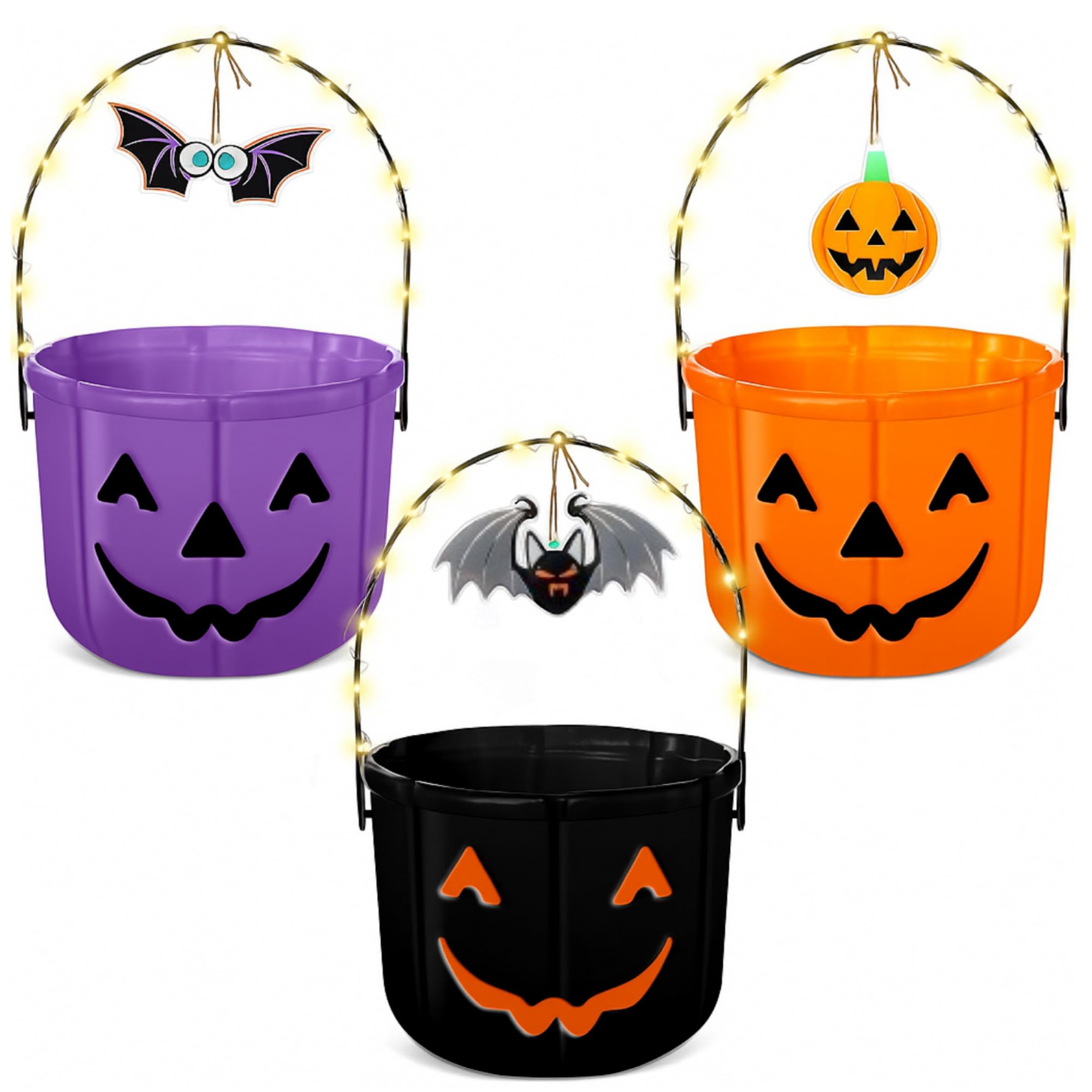 Seau citrouille Halloween LemonRoad lot de 3 avec guirlande lumineuse